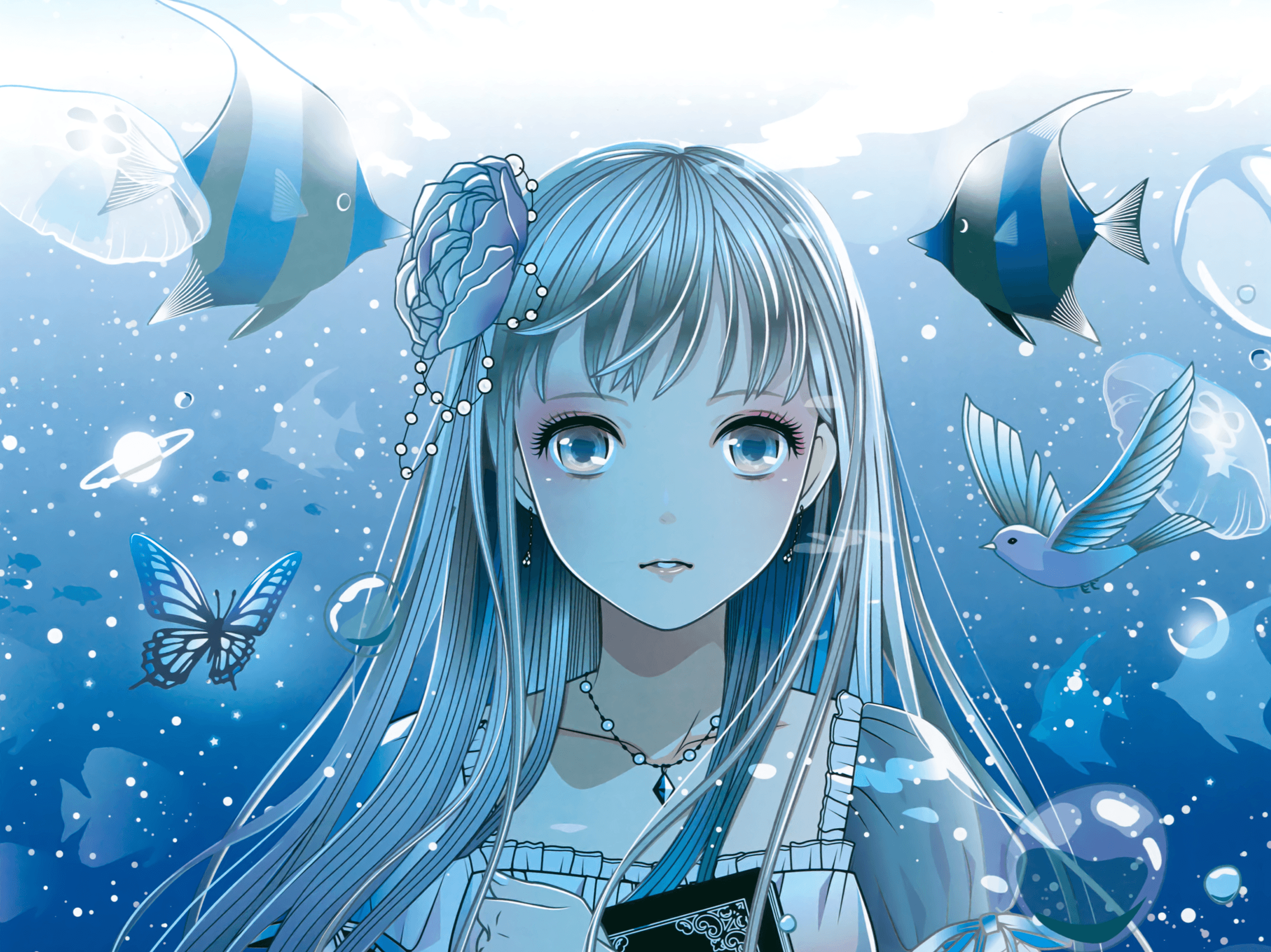 Anime 2271x1702 long hair dress fish butterfly blue flowers birds anime girls Eri Kamijo