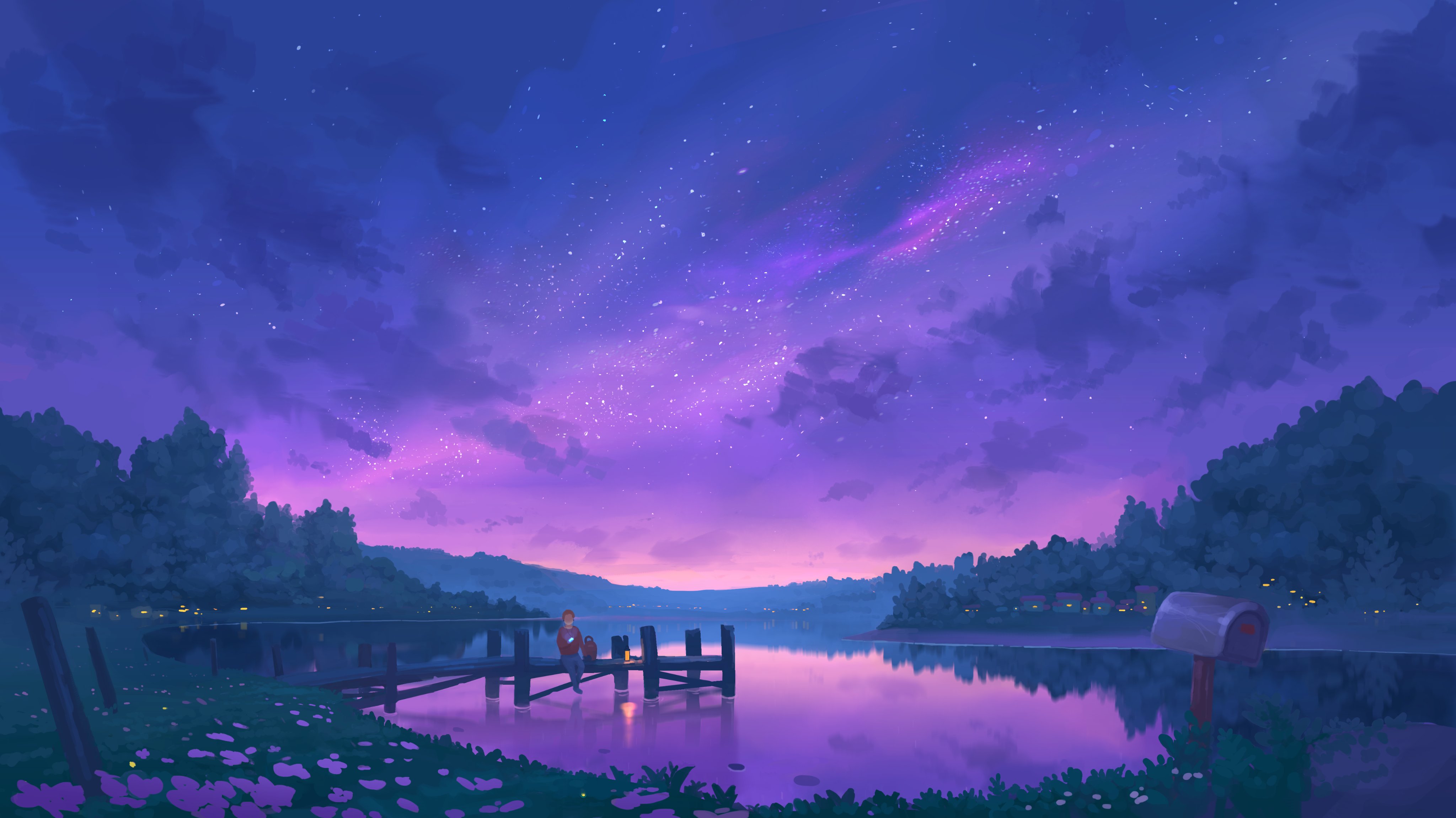 General 4096x2303 artwork night stars lake dock purple blue starred sky pier calm
