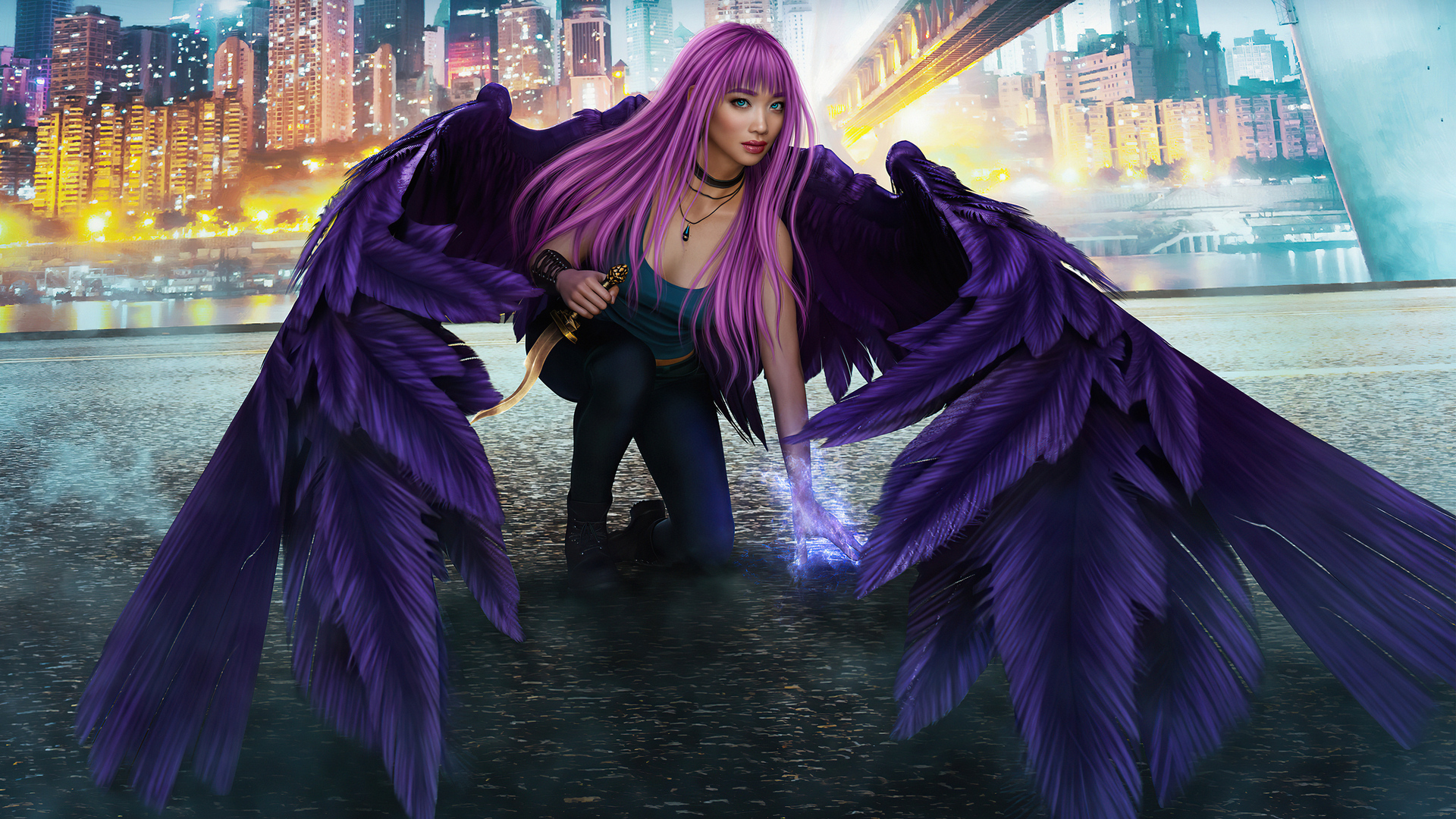 General 1920x1080 pink hair wings women dagger long hair necklace Asian fantasy art fantasy girl