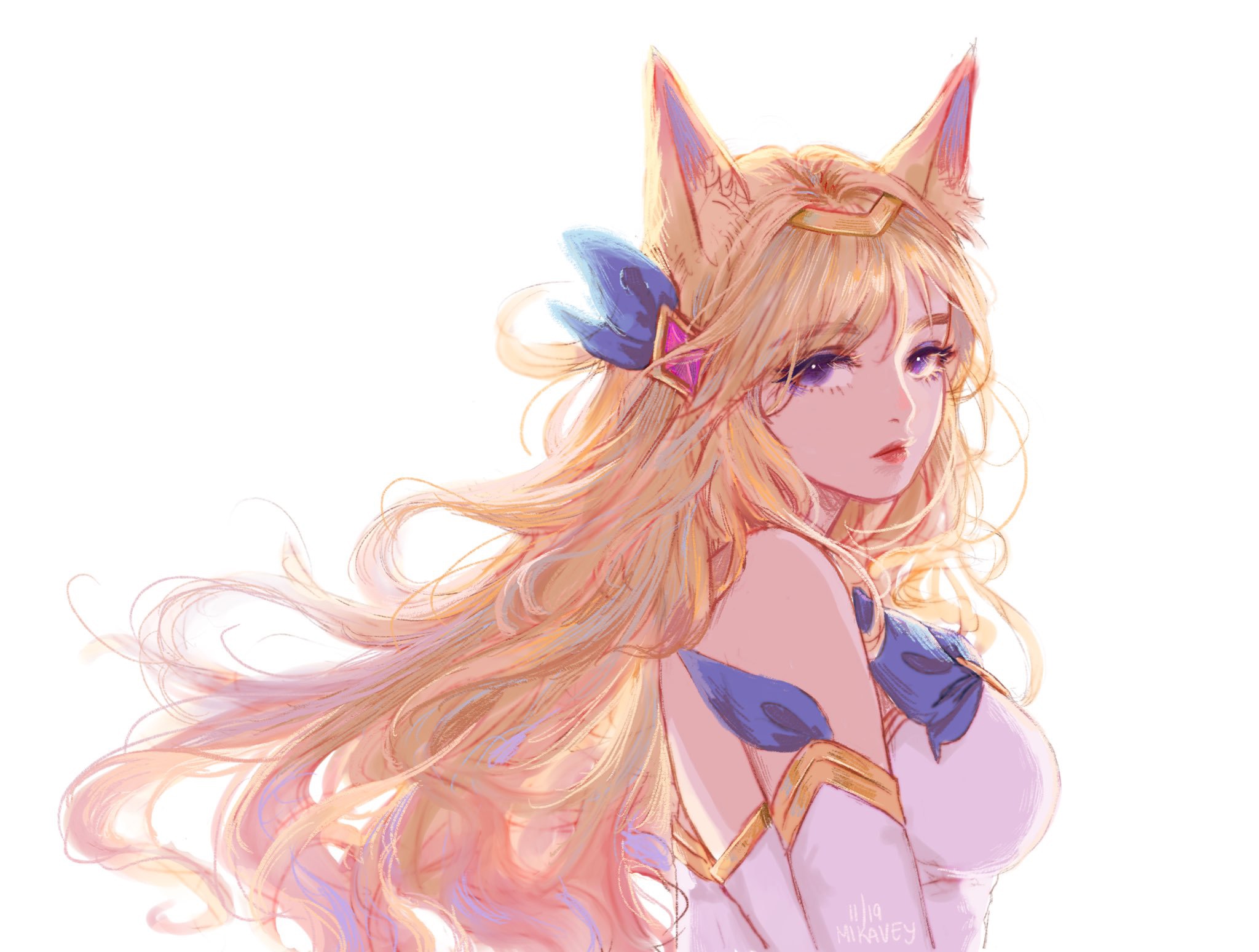 Anime 2048x1548 Ahri (League of Legends) League of Legends boobs big boobs animal ears PC gaming video game girls looking at viewer long hair blonde simple background white background