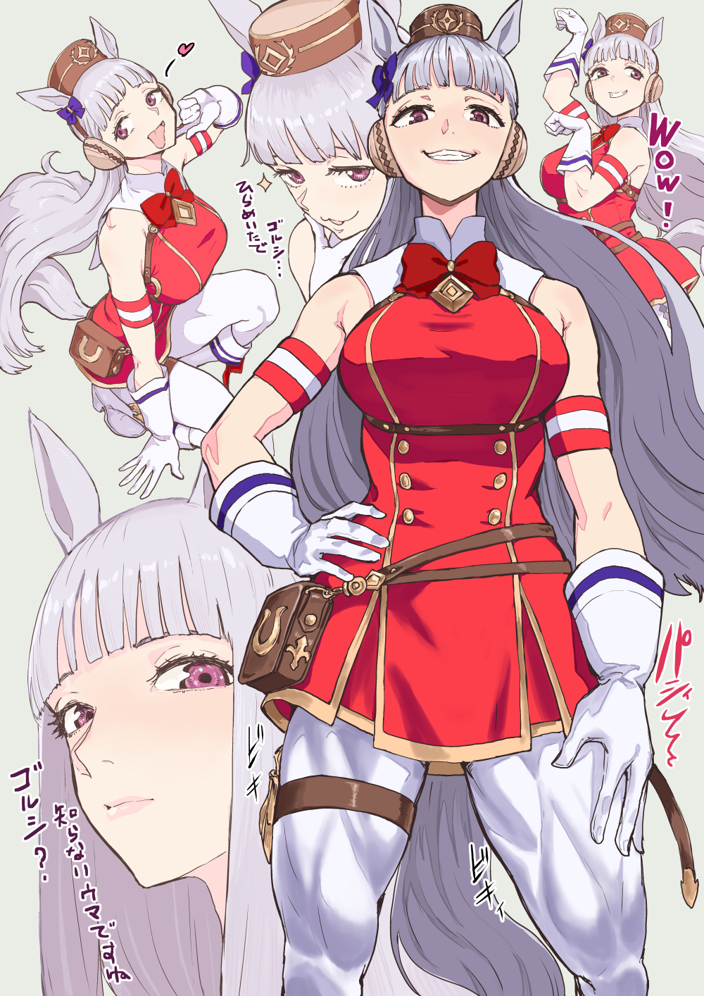 Anime 1000x1414 Uma Musume Pretty Derby muscular thighs white legwear big boobs bare shoulders hat white gloves tongue out smile open mouth embarrassed hands on hips simple background red dress white boots Gold Ship (Uma Musume) silver hair long hair animal ears anime girls looking at viewer 2D vertical grin blushing blunt bangs purple eyes standing pink lipstick fan art artwork anime hand on leg horse girls