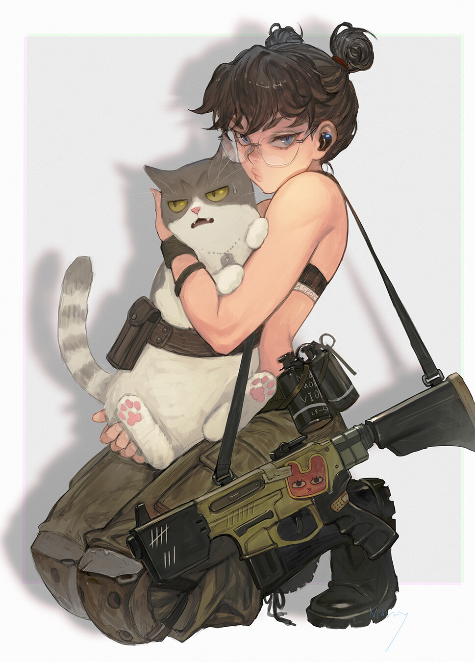 Anime 969x1350 Morry women animals weapon artwork ArtStation girls with guns cats mammals brunette kneeling simple background white background looking at viewer anime