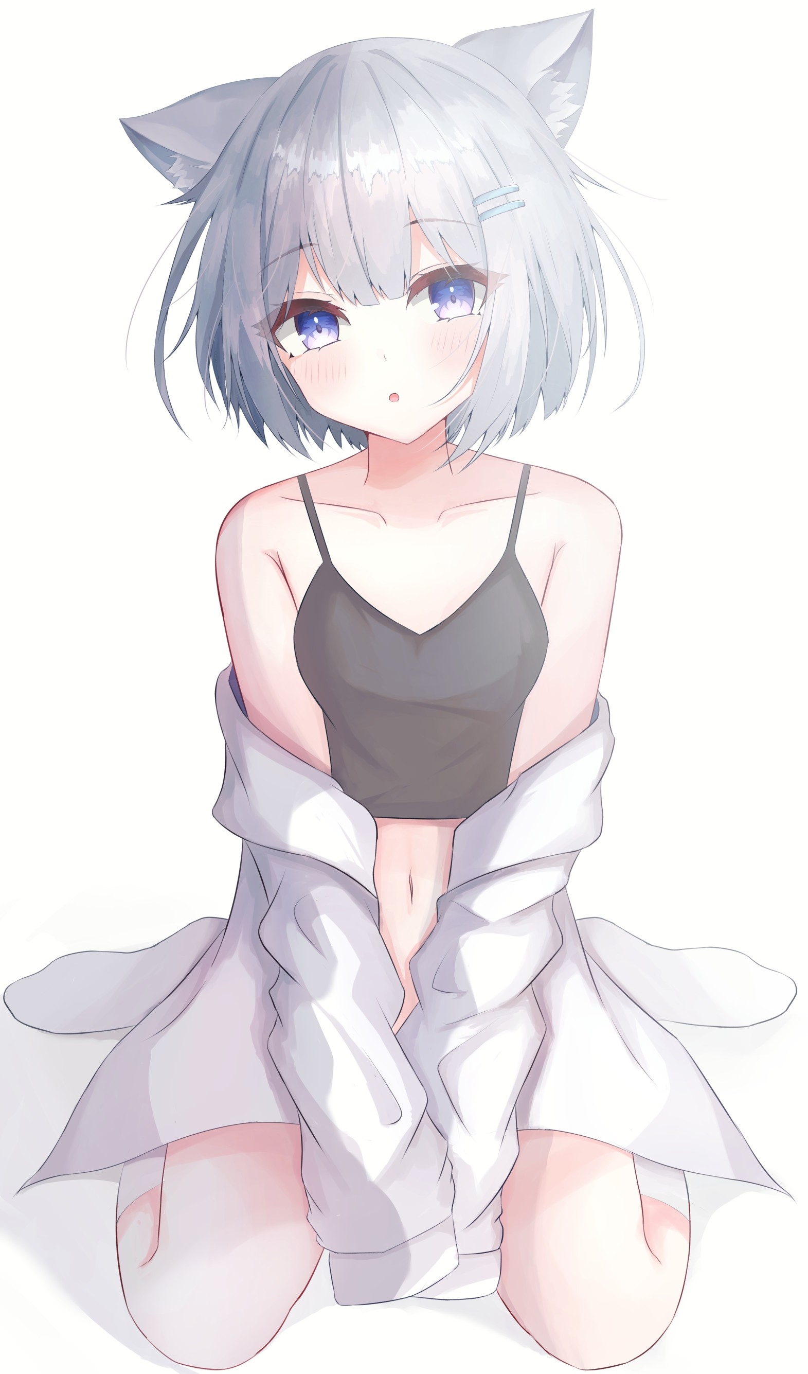 Anime 1571x2670 anime anime girls digital art 2D portrait display portrait looking at viewer cat ears white hair belly belly button artwork cat girl