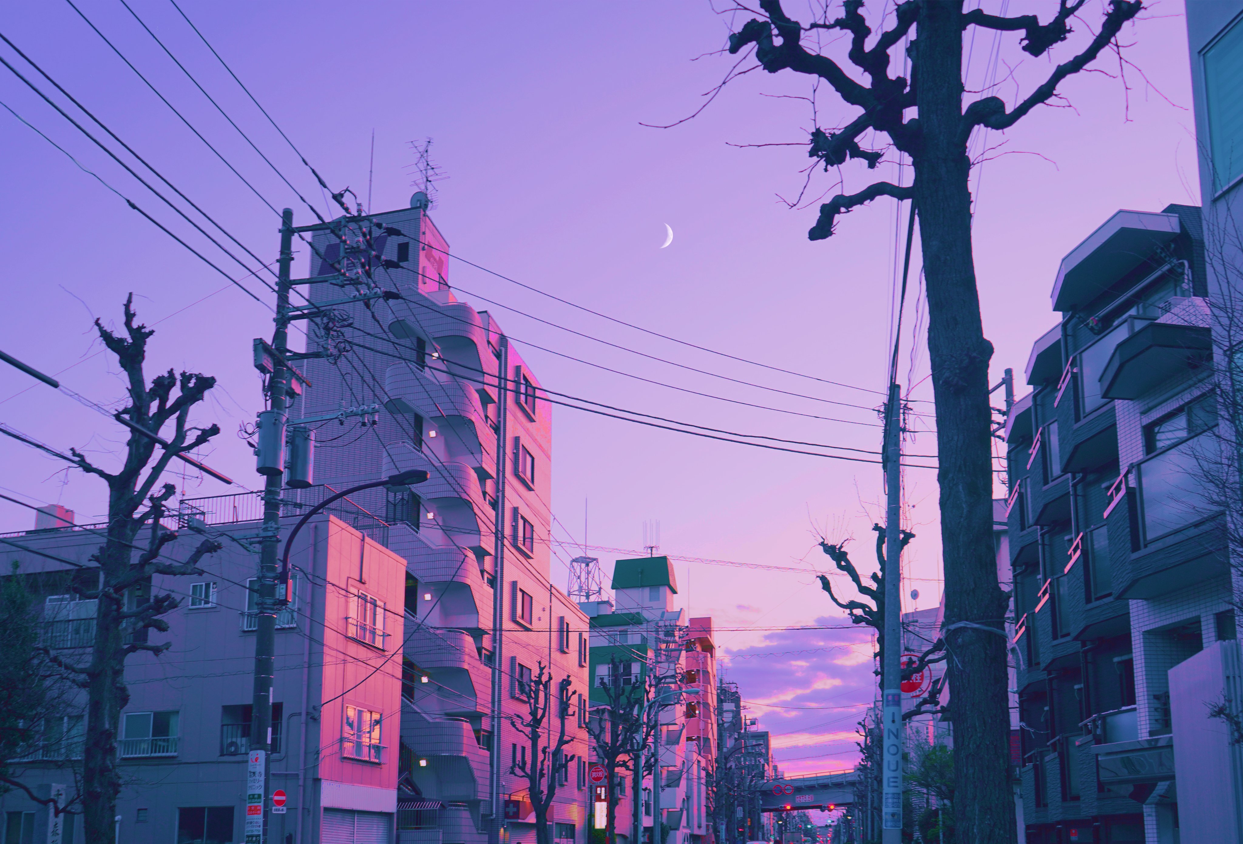 General 4096x2783 street digital art sky artwork Japan crescent moon clouds sunset sunset glow building