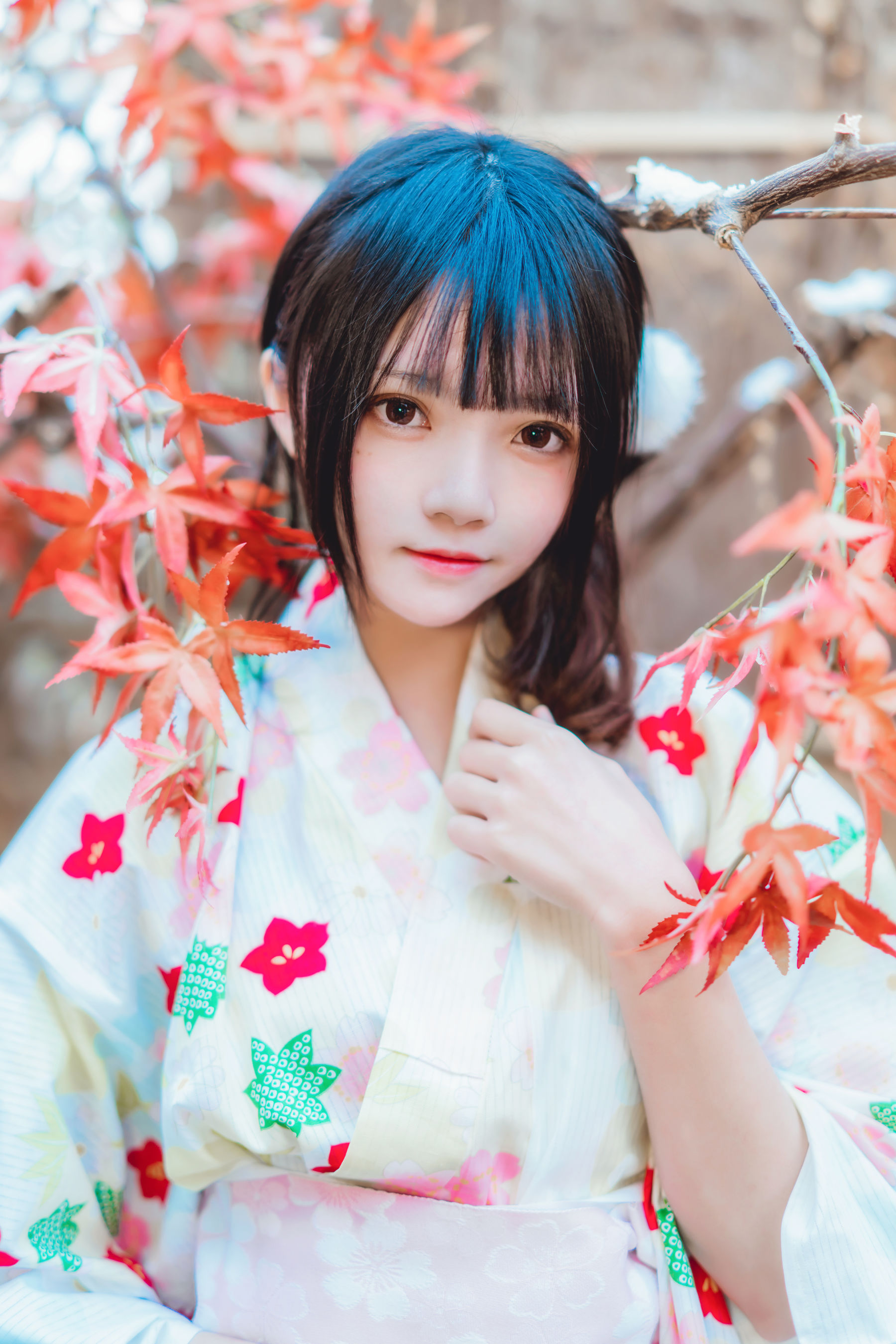 People 1800x2698 women model Asian dark hair kimono looking at viewer leaves CherryNeko