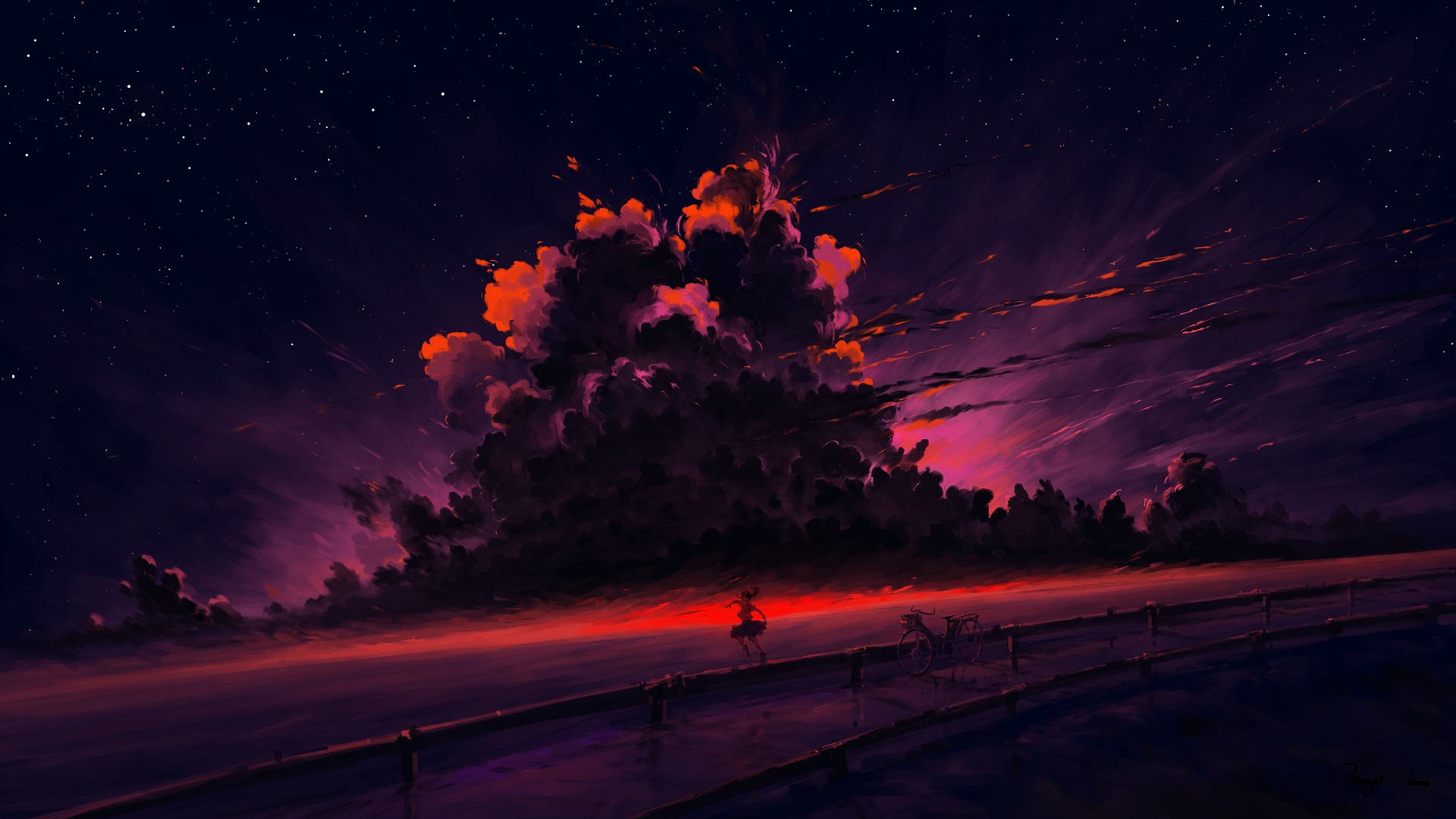General 1920x1080 digital painting landscape clouds night BisBiswas anime girls bicycle dark sky stars women outdoors