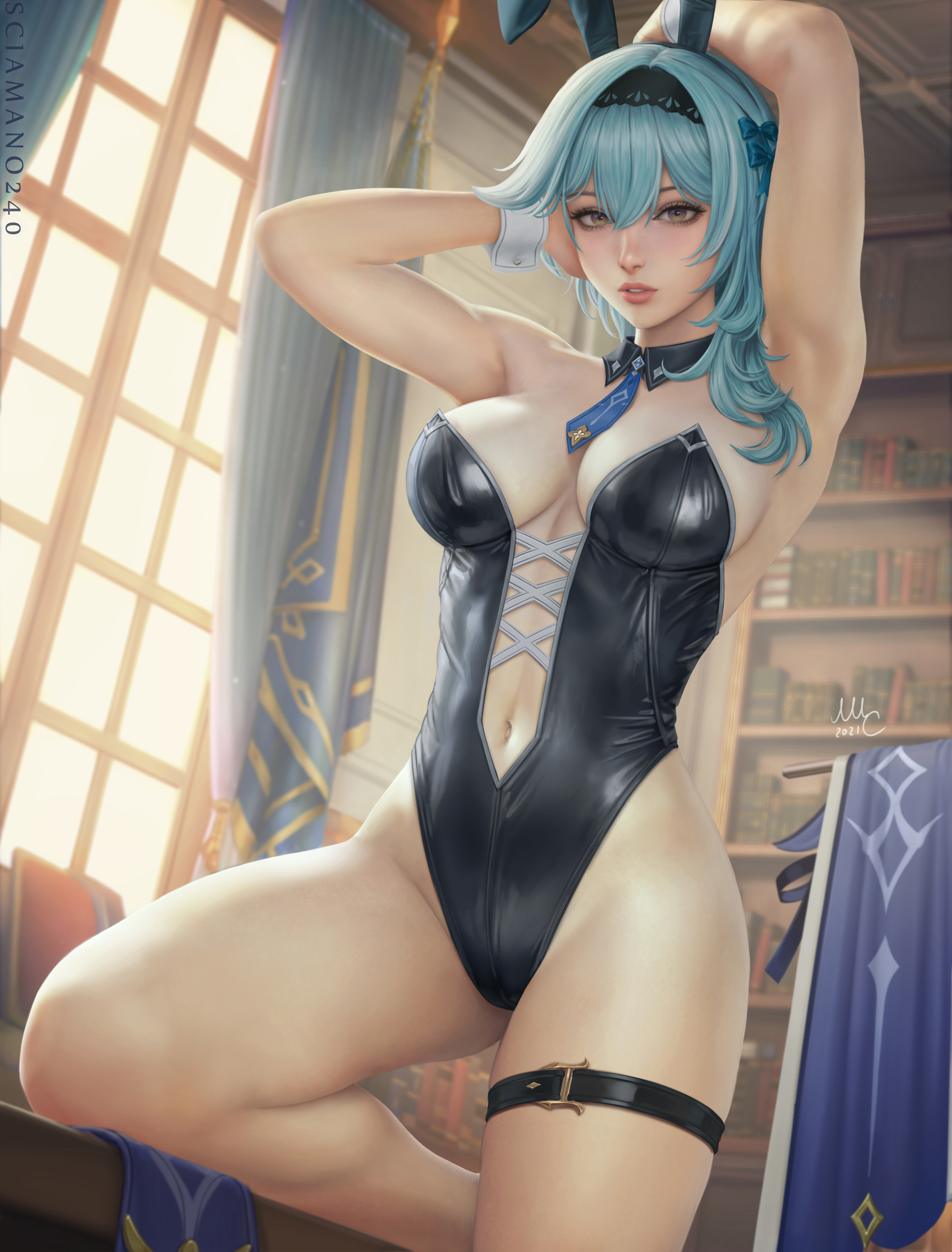Anime 2281x3000 illustration artwork digital art fan art drawing fantasy art fantasy girl women Mirco Cabbia cleavage anime anime girls video games video game girls video game art video game characters Genshin Impact Eula (Genshin Impact) long hair blue hair looking at viewer belly belly button bare shoulders bunny ears tie arms up armpits thighs bunny suit