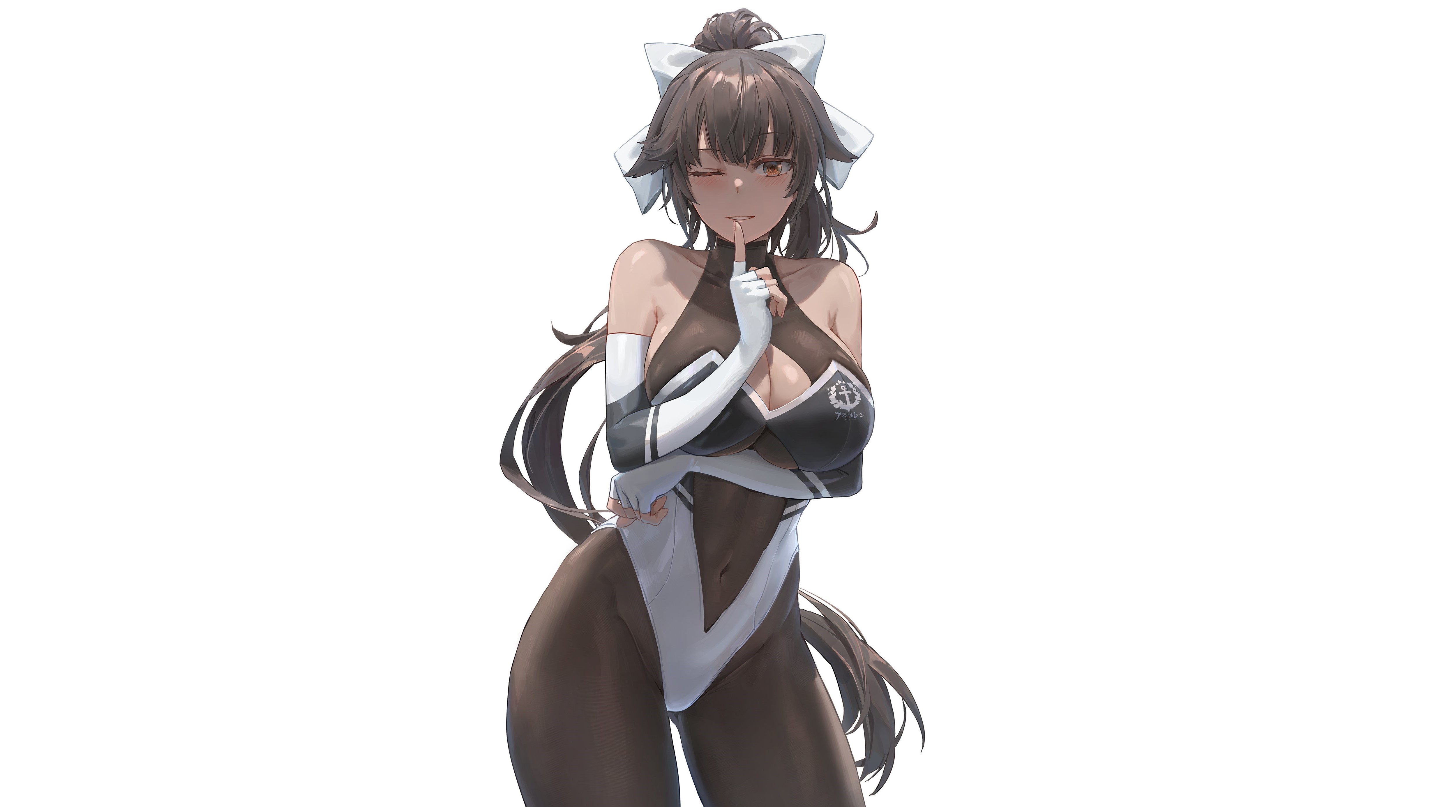 Anime 4927x2771 Azur Lane Takao (Azur Lane) anime anime girls simple background looking at viewer long hair wink leotard bodysuit cleavage boobs thighs Yohan1754 brunette ponytail Race Queen Outfit