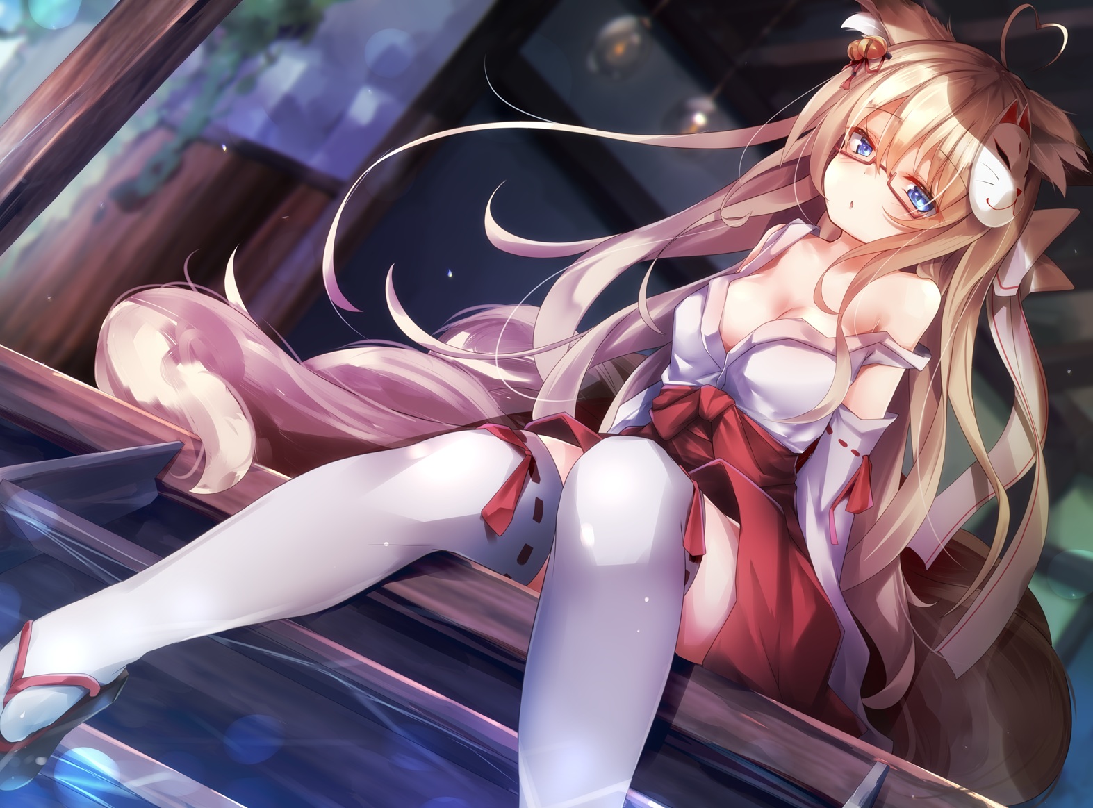 Anime 1573x1163 anime girls long hair glasses thigh-highs blonde blue eyes Japanese clothes miko bare shoulders cleavage fox girl Mataro