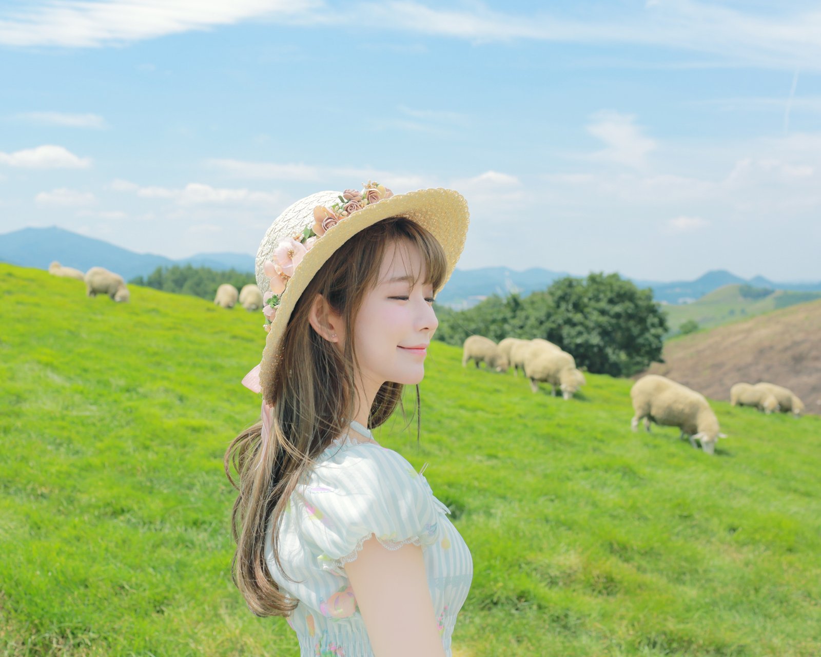 People 1600x1280 model Korean smiling Asian Yurisa Chan women closed eyes grass landscape mountains clouds sky hat long hair