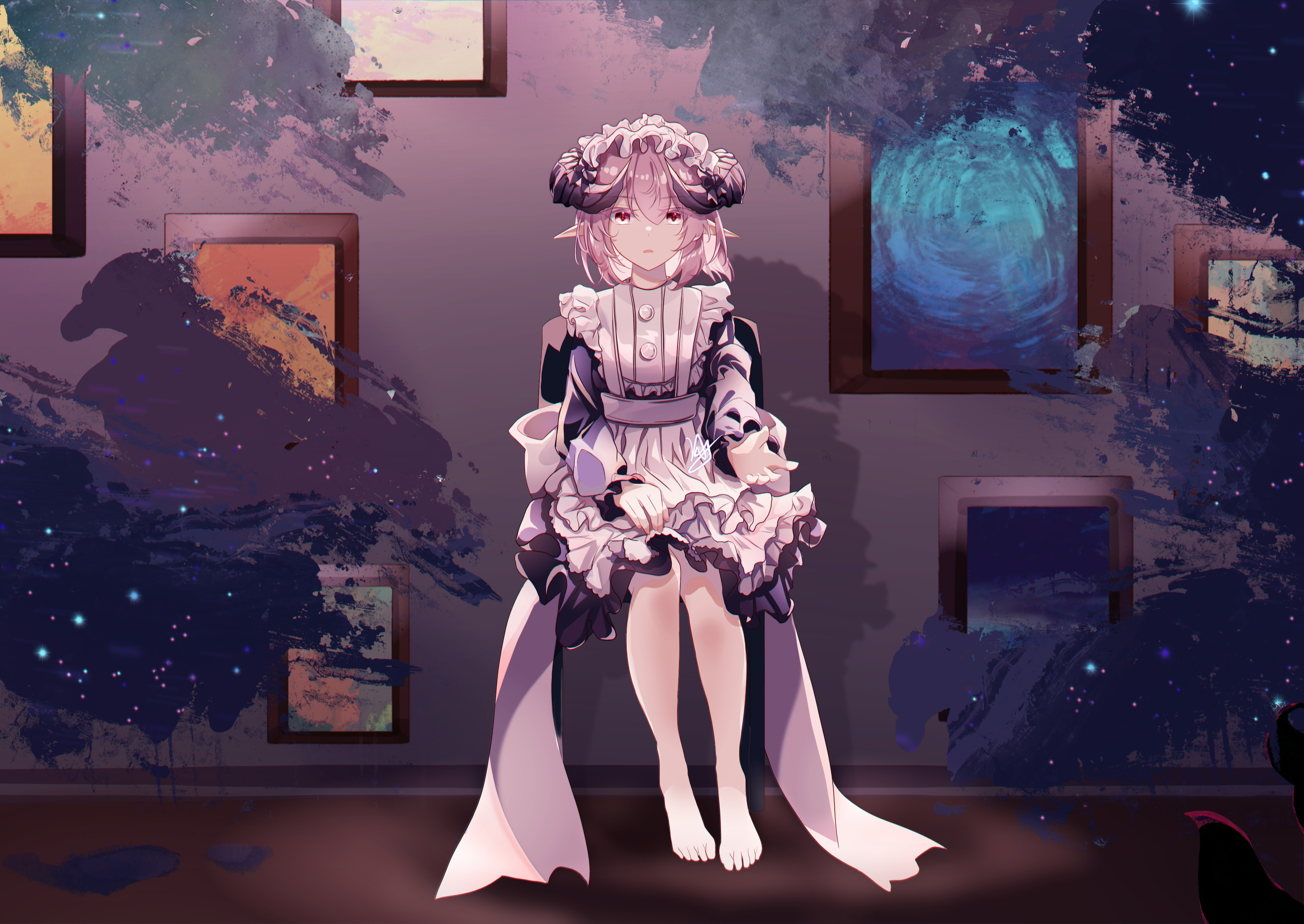 Anime 4093x2900 anime girls anime horns fantasy art fantasy girl sitting pointy ears knees together barefoot dress maid outfit