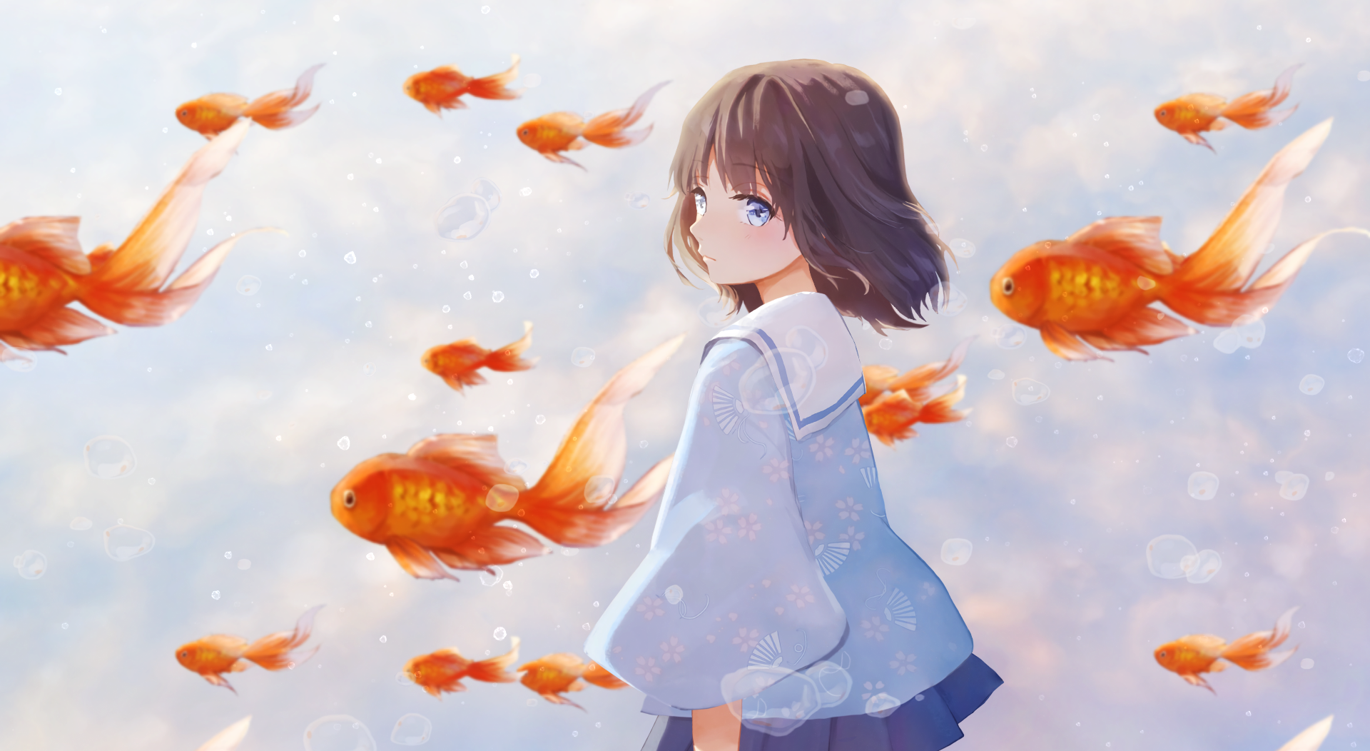 Anime 1920x1052 artwork anime girls fish brunette blue eyes goldfish