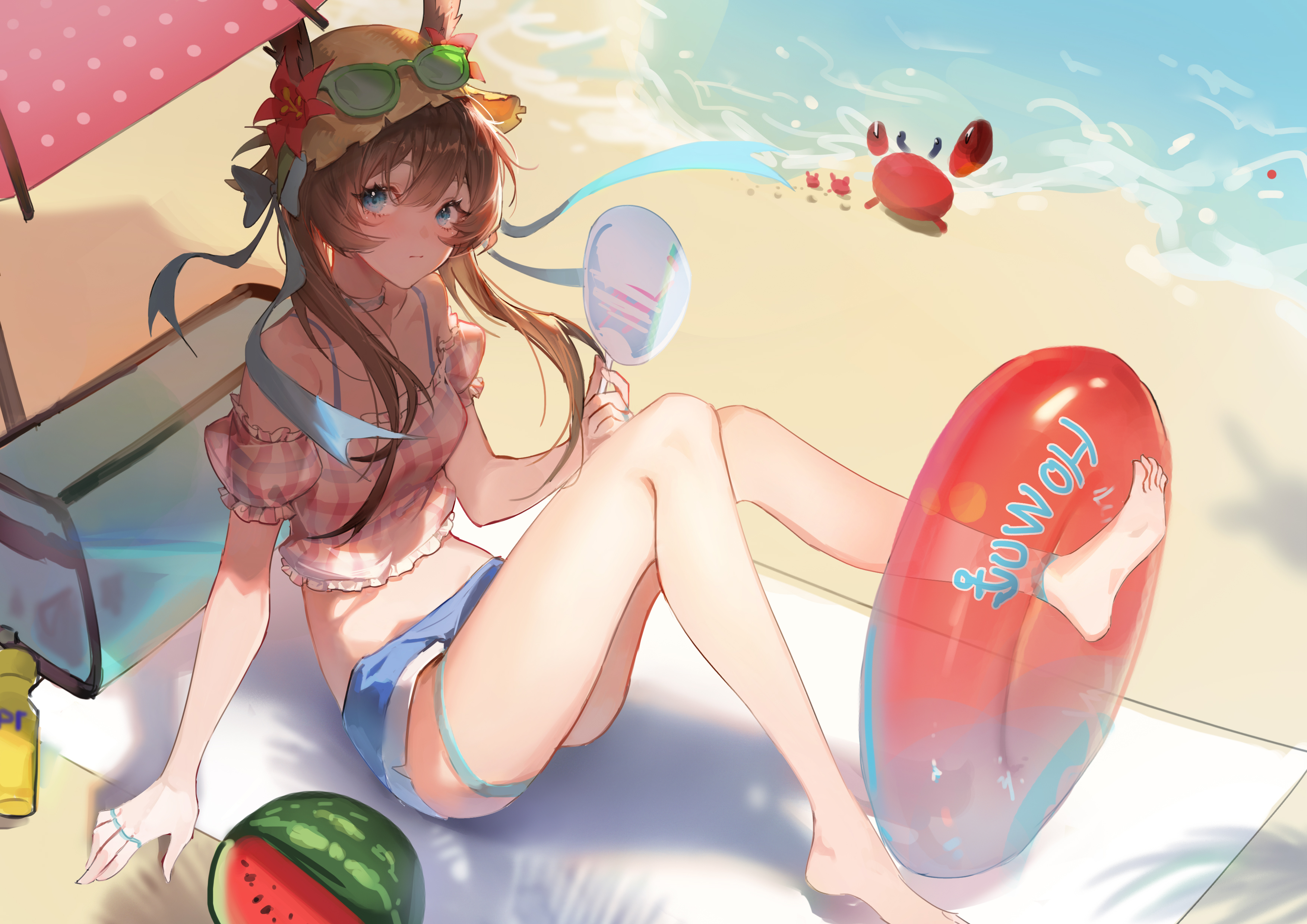 Anime 3508x2480 anime anime girls Arknights Amiya (Arknights) beach bunny girl brunette blue eyes short shorts watermelons crabs floater water sunglasses straw hat