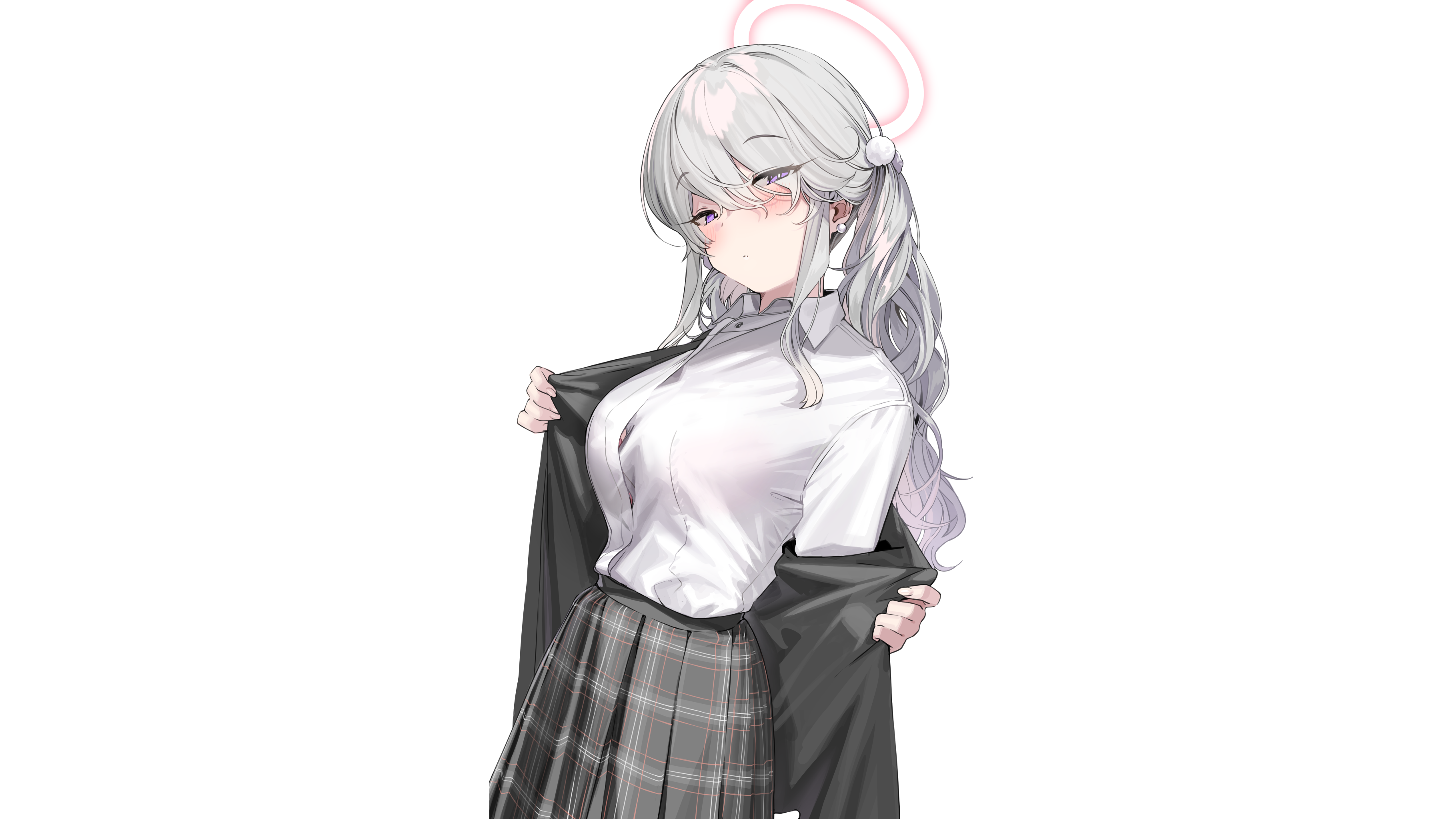 Anime 3639x2047 original characters anime anime girls simple background silver hair long hair twintails looking at viewer blushing taking off shirt school uniform boobs skirt halo artwork Kanzarin