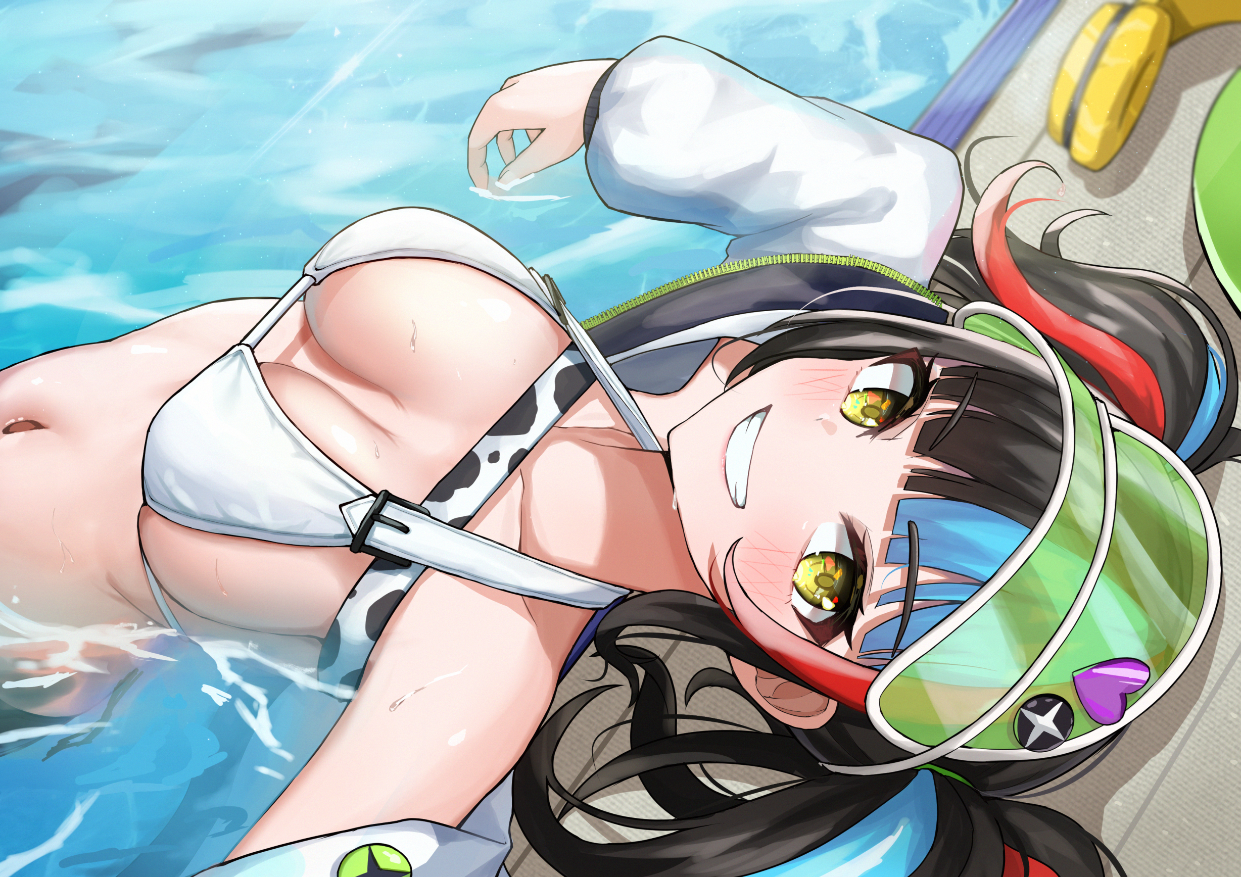 Anime 2456x1736 anime anime girls boobs in water smiling belly looking at viewer yellow eyes multi-colored hair twintails bikini cleavage Sei Shonagon (Fate/Grand Order) Fate/Grand Order Fate series Boo Iro
