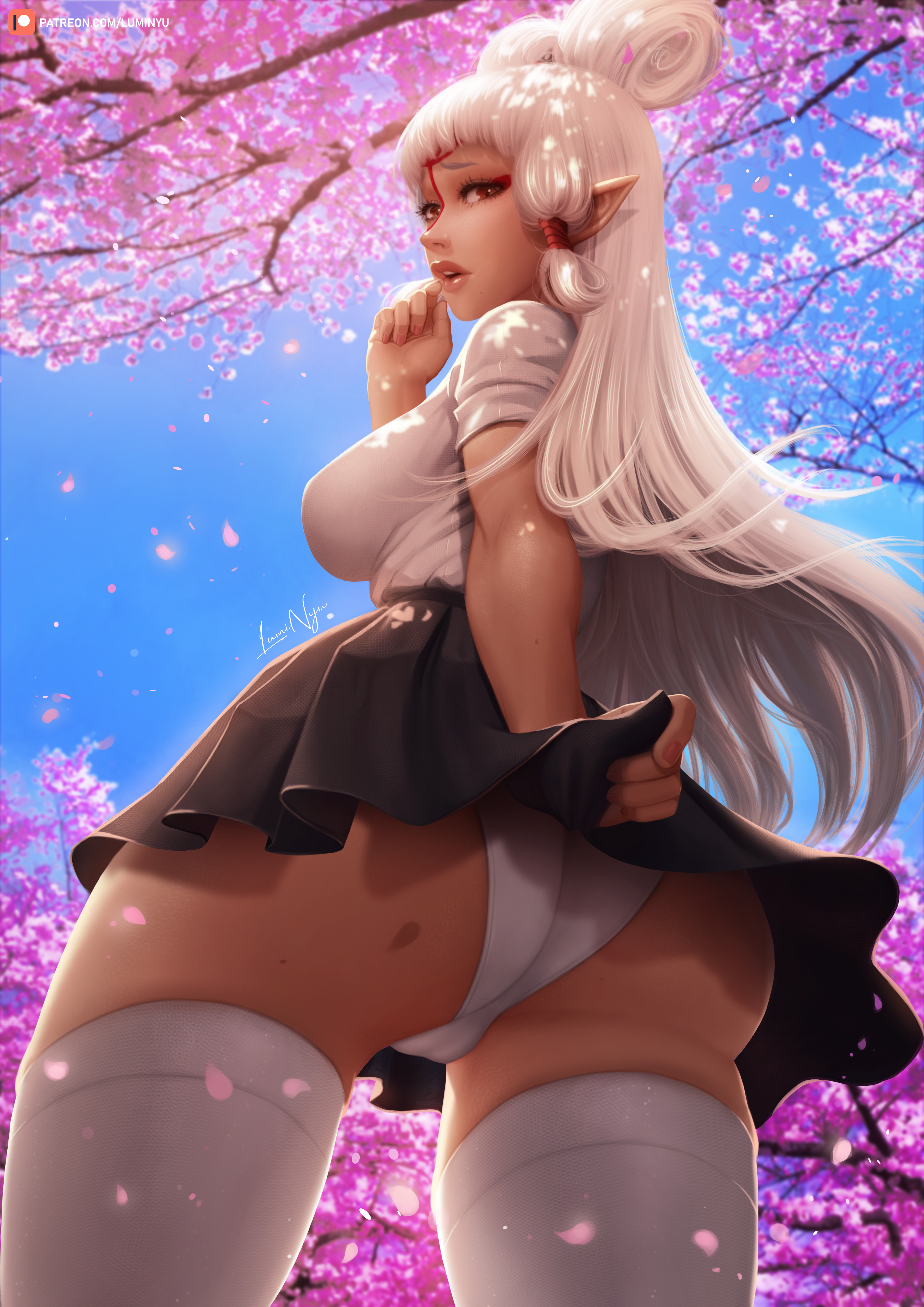 General 3509x4961 Paya The Legend of Zelda video games video game girls Nintendo fantasy girl school uniform shirt miniskirt upskirt underwear panties white panties ass cherry blossom pointy ears parted lips stockings white stockings thick thigh thighs 2D artwork drawing illustration fan art LumiNyu low-angle petals cherry trees sky clear sky