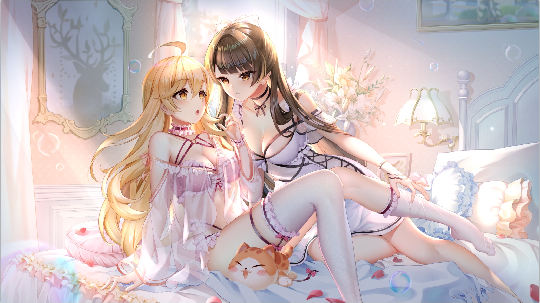 Anime 2078x1168 anime anime girls two women long hair lingerie brunette blonde women indoors in bed thigh-highs cleavage dress yuri artwork Yue Xiao E