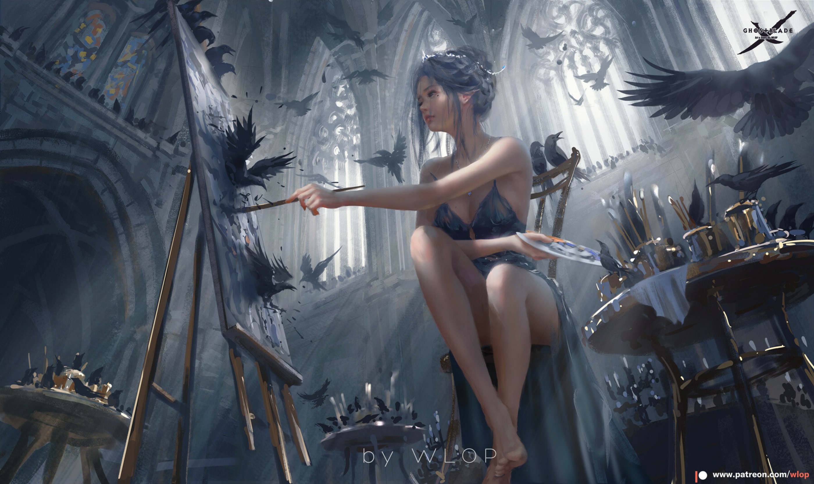 Anime 2800x1666 video game characters WLOP women painting birds fantasy art fantasy girl legs sitting paint brushes watermarked thighs barefoot Ghostblade