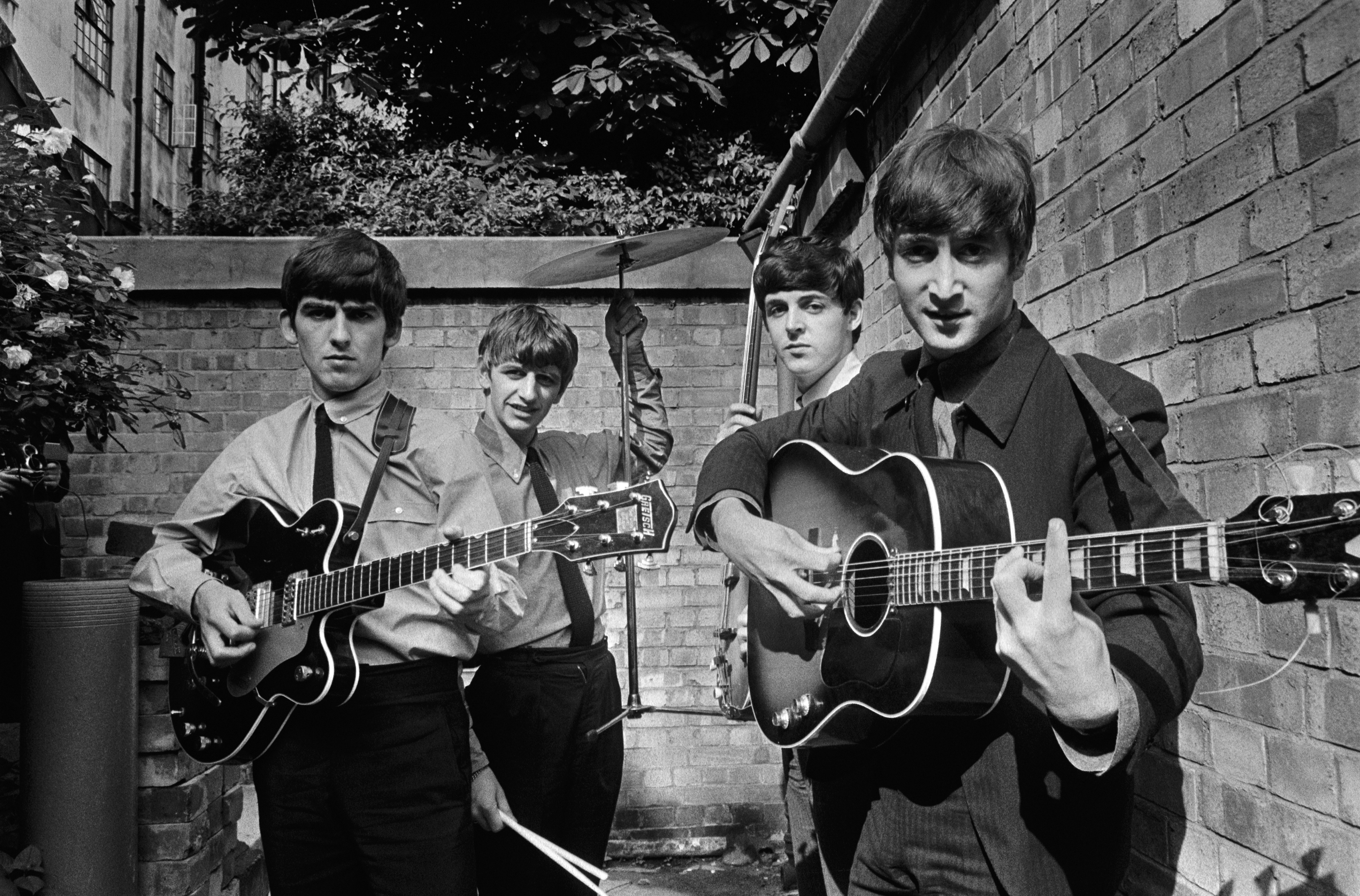 People 5100x3362 The Beatles John Lennon Paul McCartney Ringo Starr George Harrison band monochrome musical instrument men