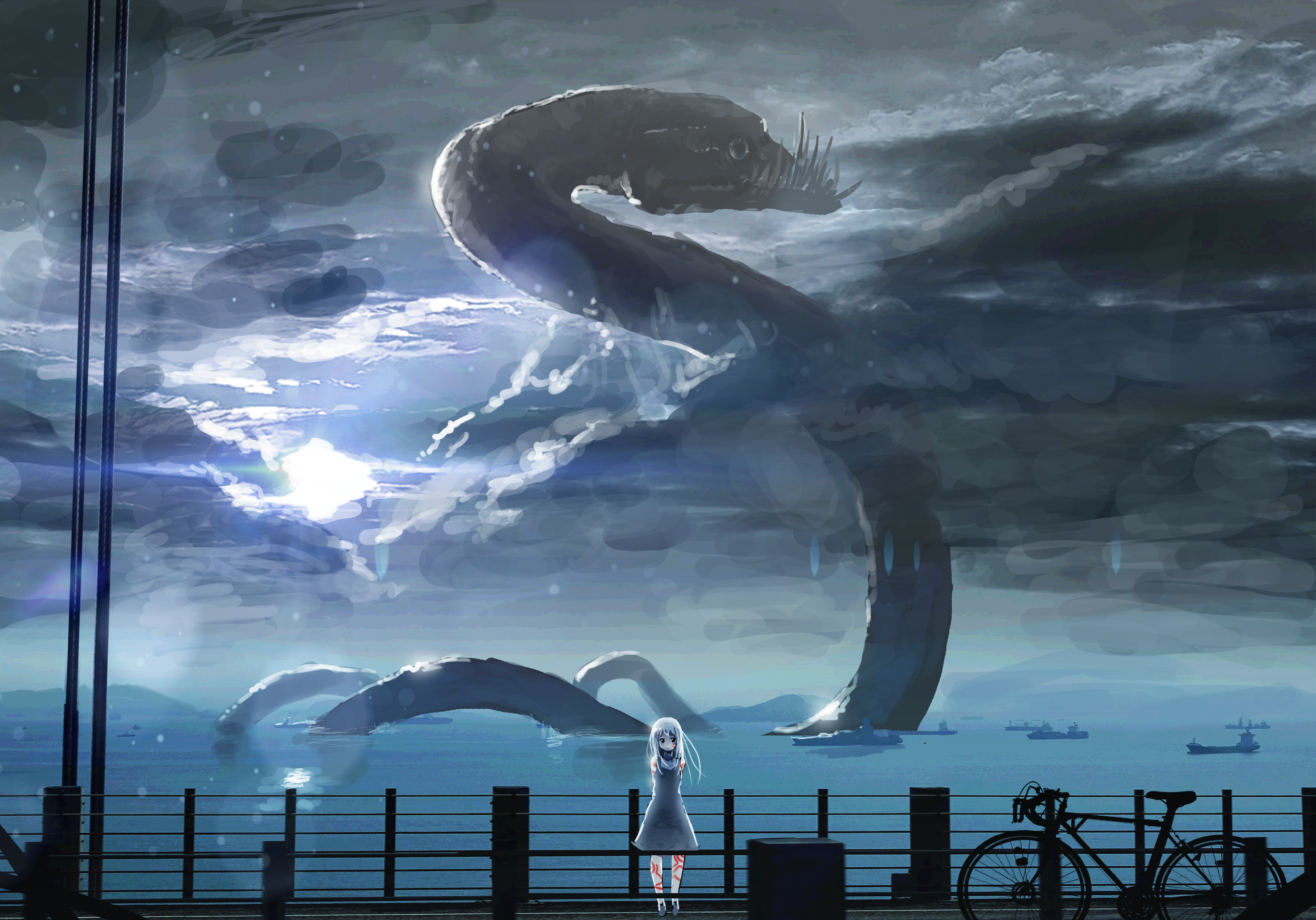 Anime 2500x1747 anime anime girls original characters frontal view leviathan serpent water bicycle standing
