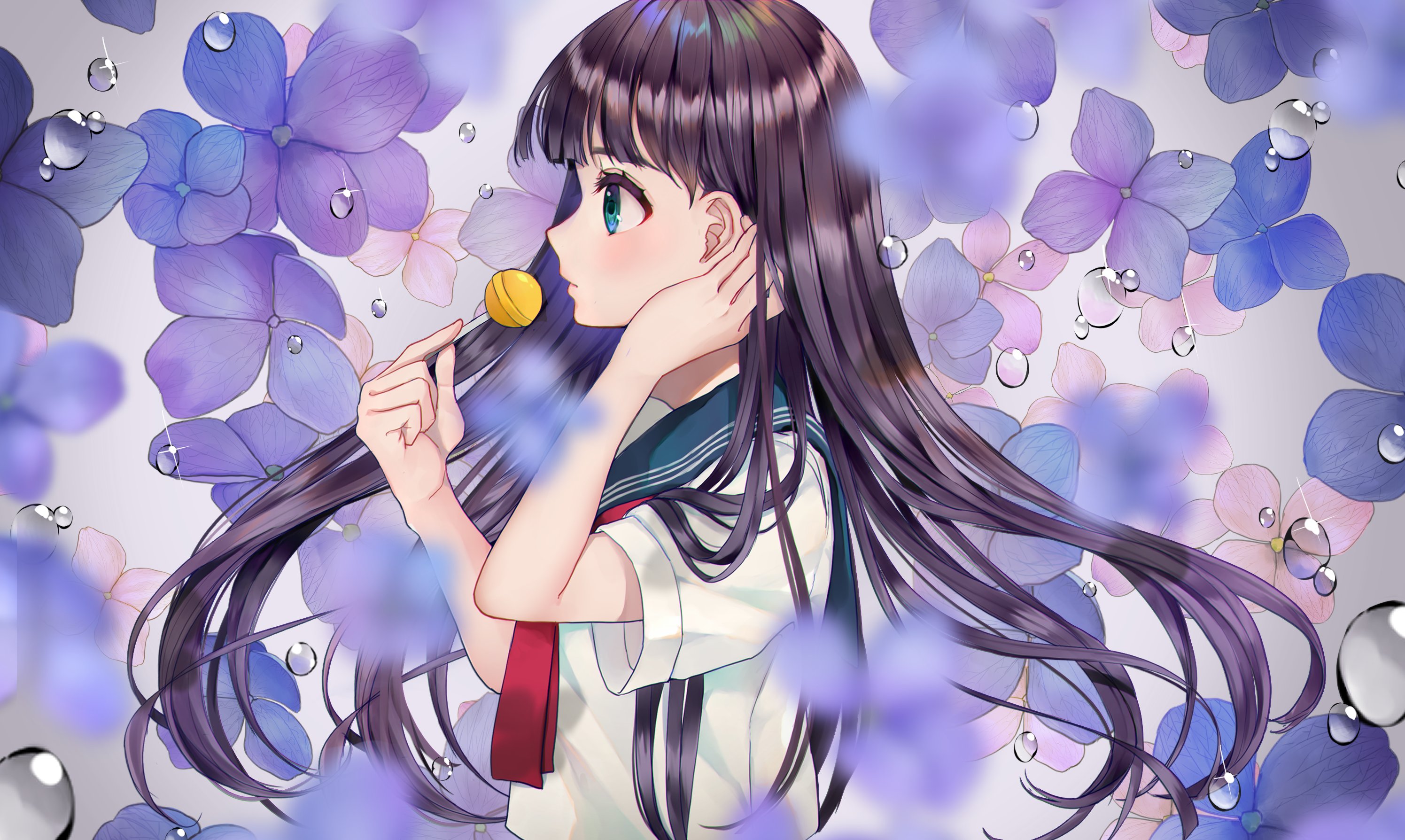 Anime 2991x1788 anime anime girls MochiHonpo artwork long hair dark hair school uniform lollipop