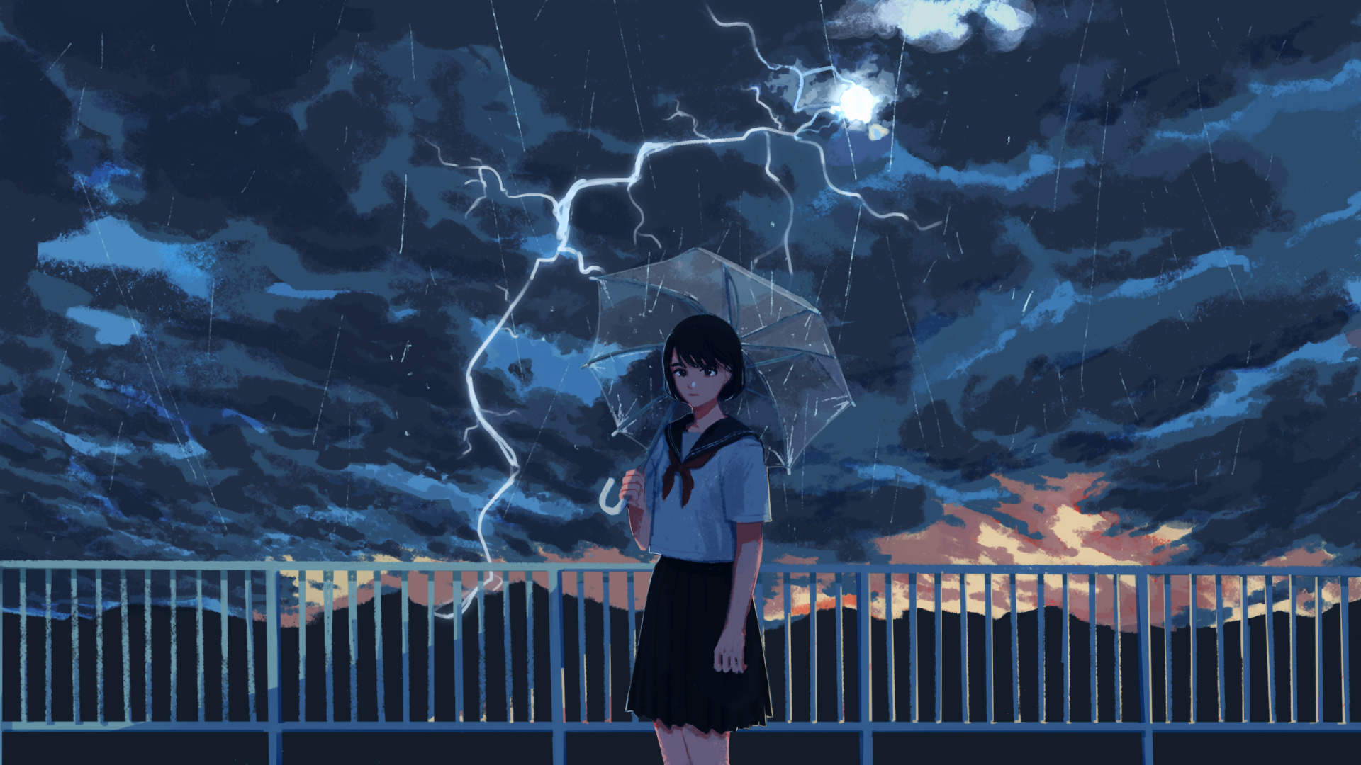 Anime 1920x1080 anime women anime girls sky dark clouds lightning women outdoors standing umbrella women with umbrella dark hair schoolgirl rain school uniform artwork
