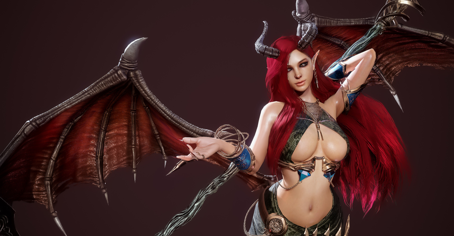 General 1920x1000 YeJun Lee CGI succubus women horns skimpy clothes underboob wings simple background