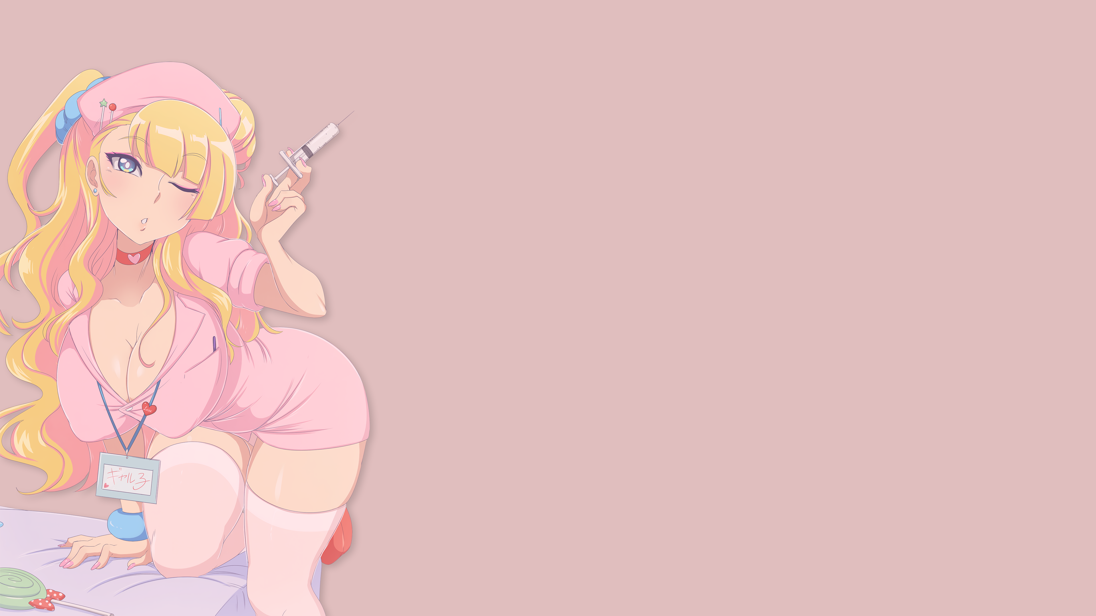 Anime 3840x2160 anime girls Oshiete! Galko-chan Galko cleavage stockings pink background boobs big boobs blonde syringe nurses nurse outfit curvy simple background