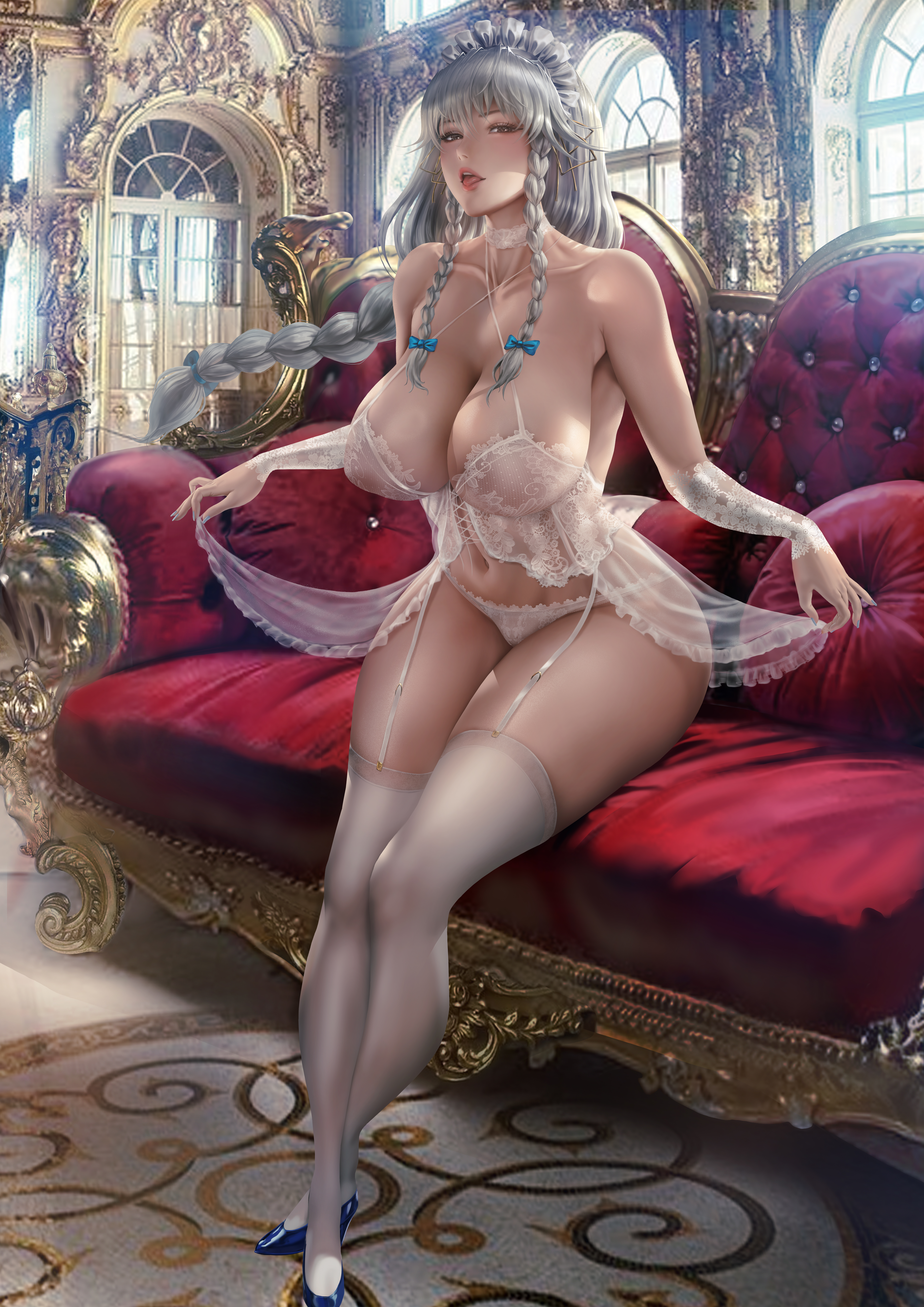 Anime 5373x7600 lingerie white lingerie garter straps anime girls High School DxD sitting Grayfia Lucifuge stockings white stockings braids looking at viewer curvy anime thick thigh drawing Lexaiduer silver hair portrait display cleavage underwear babydolls artwork fan art couch 2D painted nails blue nails hair ribbon