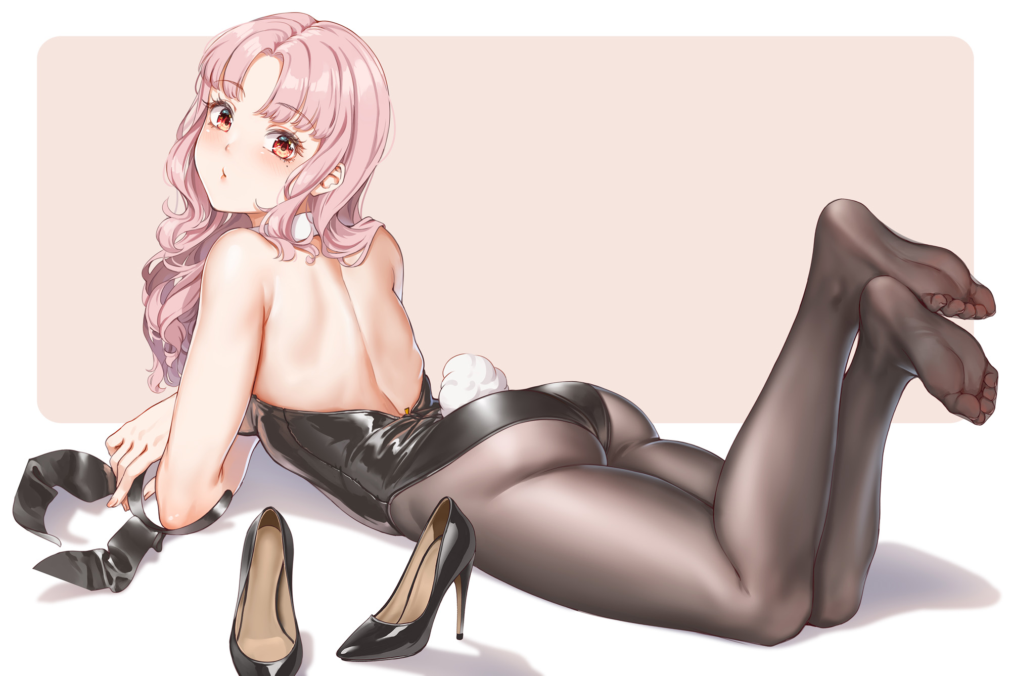 Anime 2000x1337 anime anime girls pantyhose pink hair red eyes bunny suit lying on front feet in the air ass feet artwork Fangxiang Cuoluan