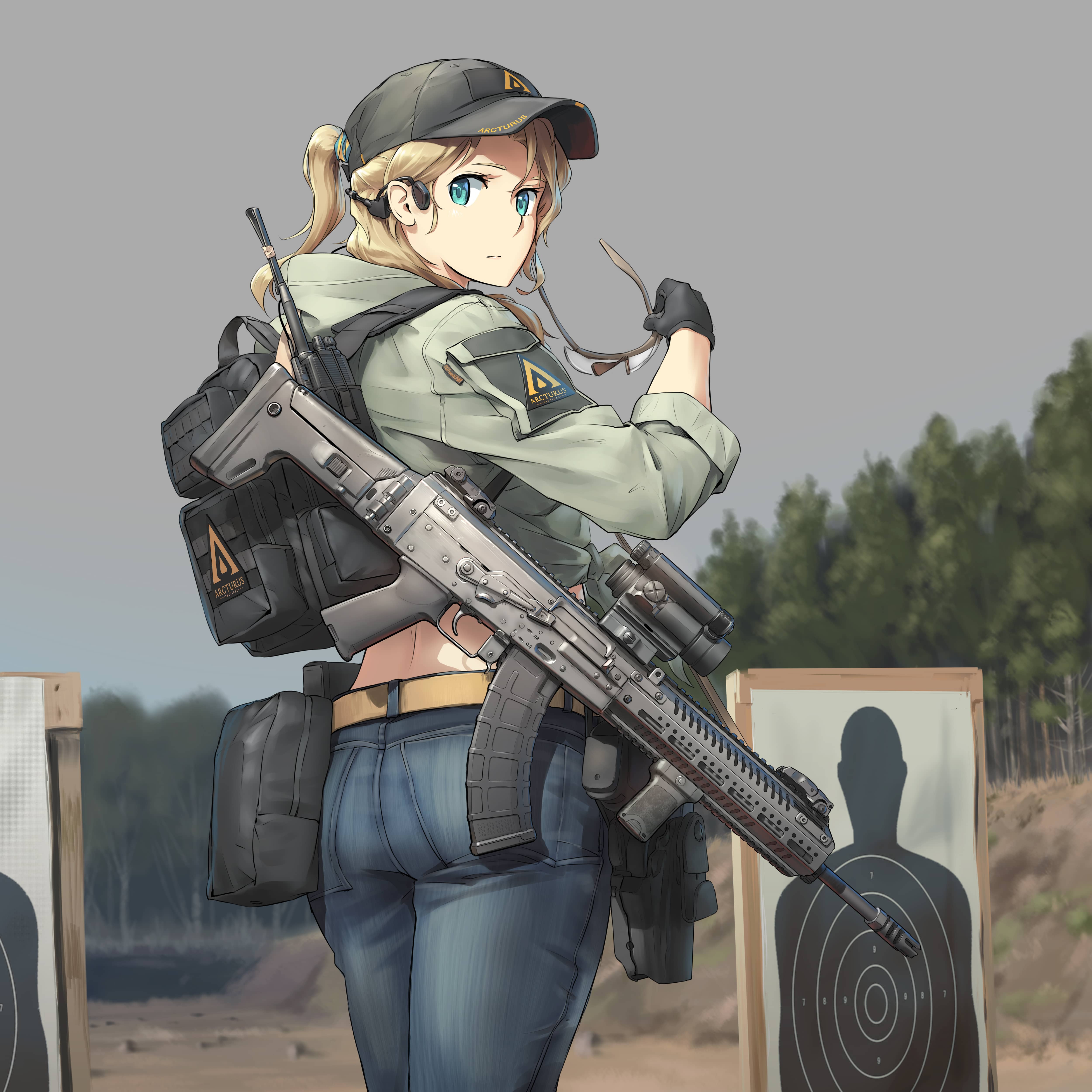 Anime 5000x5000 anime girls CENTAUR B AK AEG weapon assault rifle baseball cap jeans blonde blue eyes TC1995 anime girls with guns girls with guns