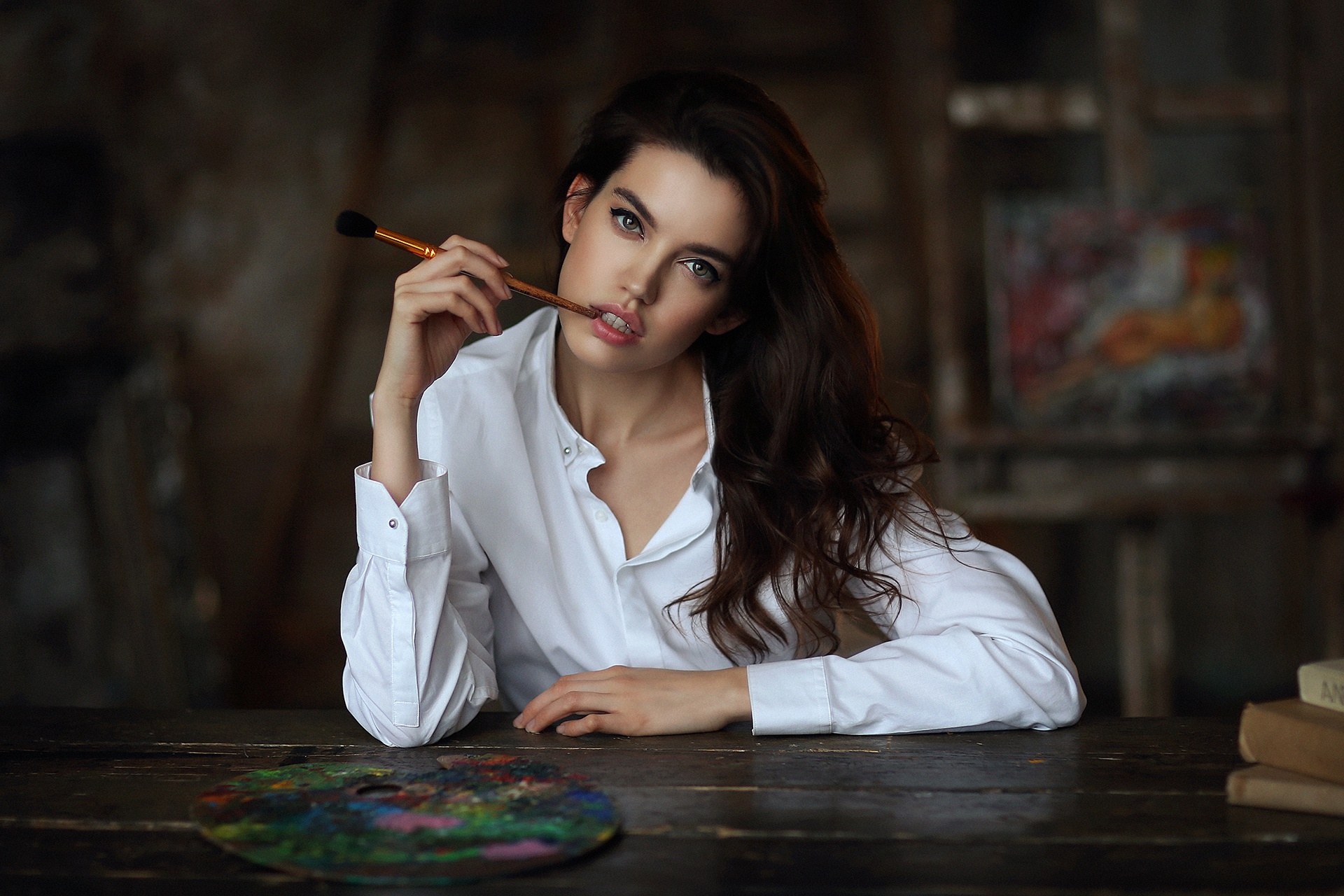 People 1920x1280 women model women indoors indoors brunette long hair looking at viewer paint brushes blouses white clothing makeup parted lips Dmitry Arhar