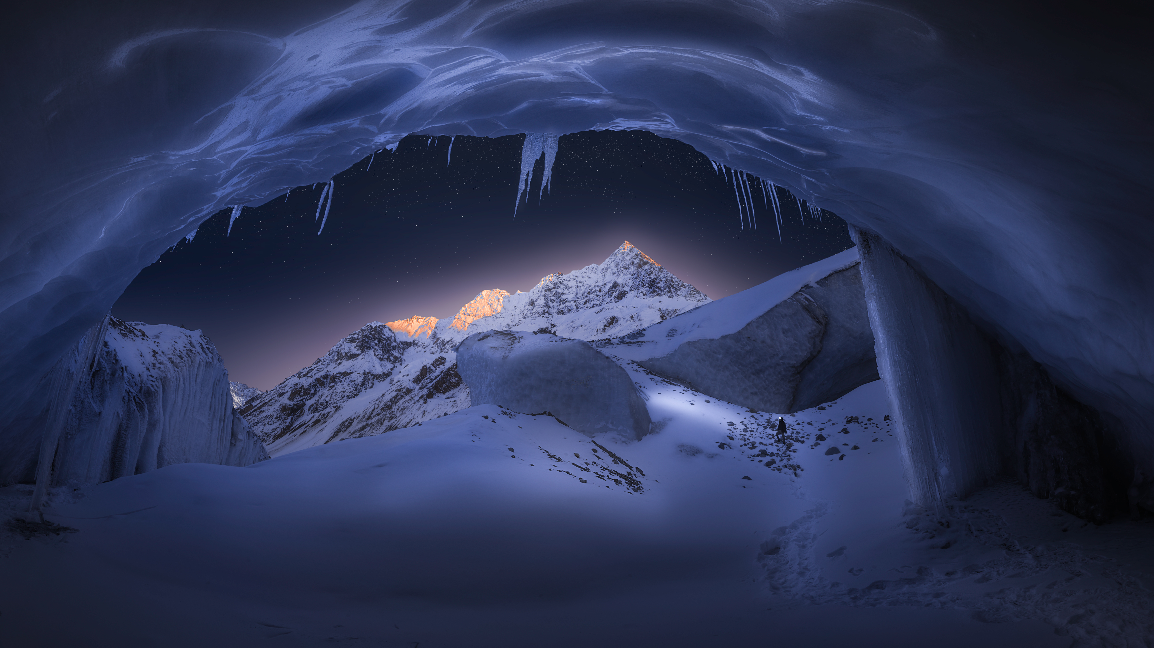 General 4000x2249 snowy peak Tibet landscape mountains mountain pass nature cave snow ice icicle