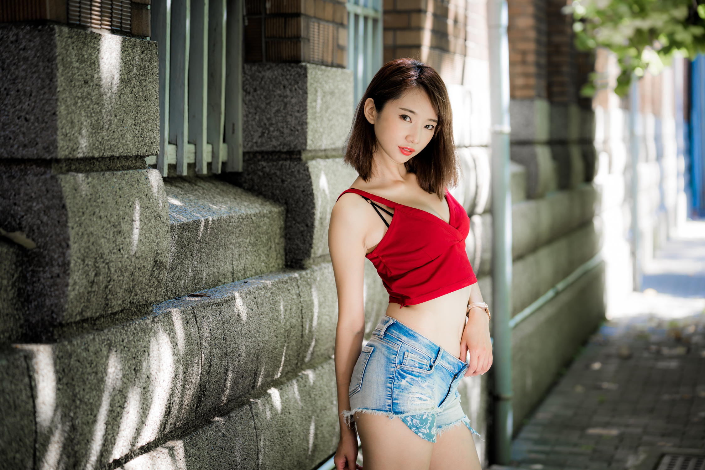 People 2250x1500 Asian model women dark hair depth of field short hair red tops jean shorts bra straps sensual gaze