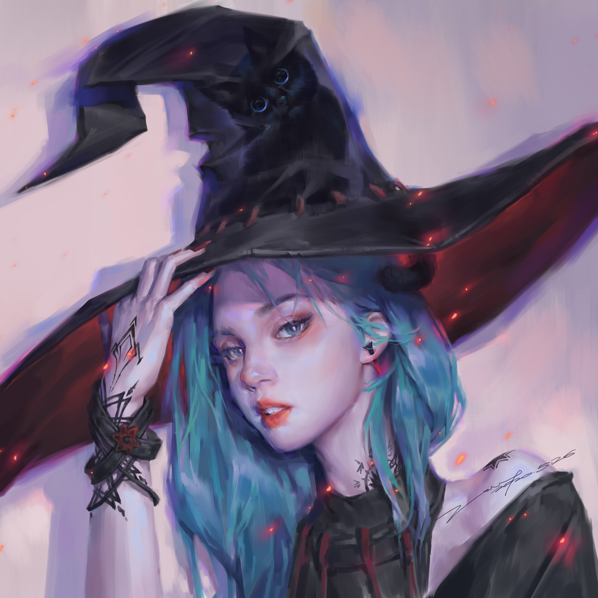 General 1920x1920 Z WY looking at viewer open mouth blue hair bracelets women with hats face hat simple background portrait tattoo digital art artwork drawing ArtStation witch hat