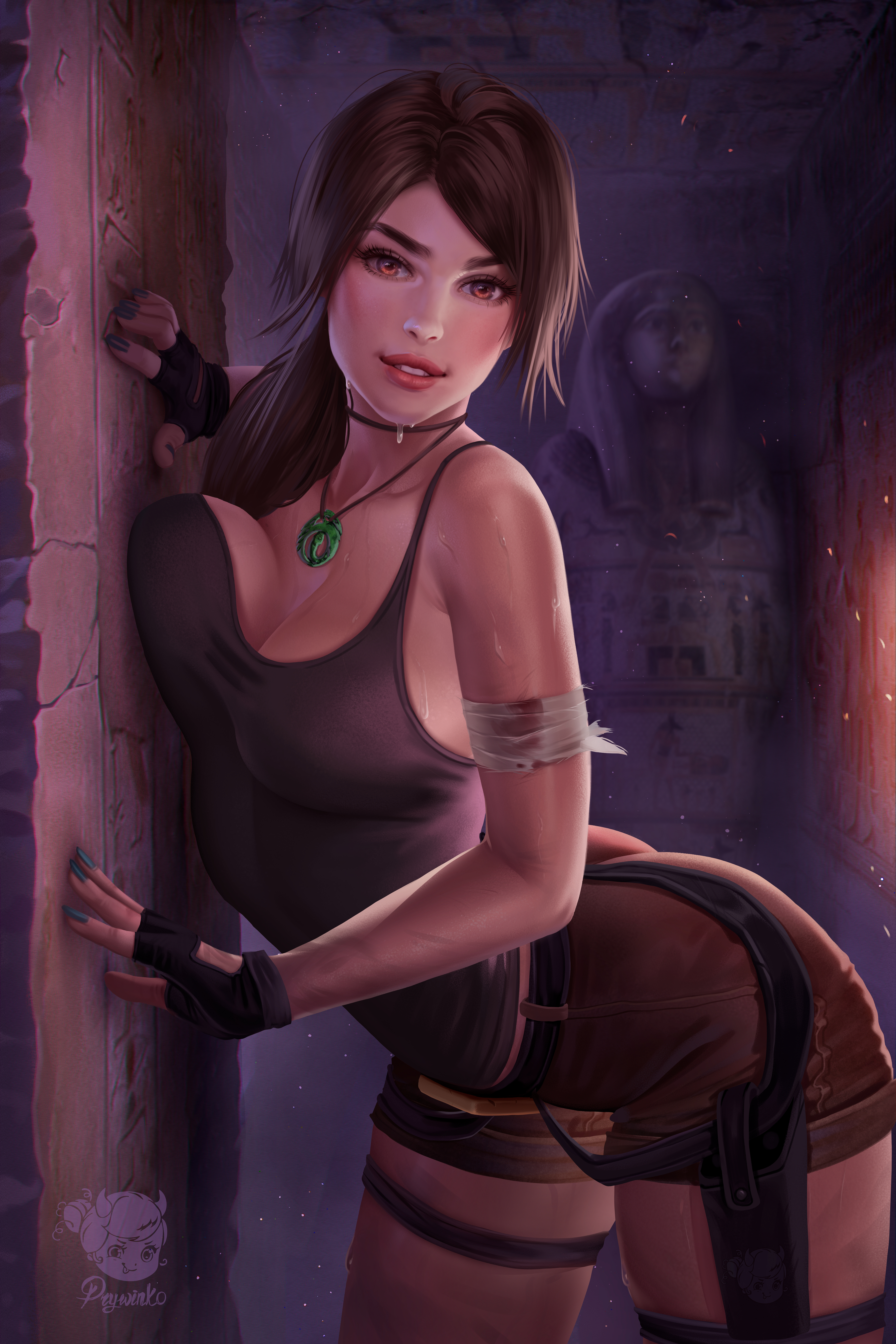 General 4000x6000 Lara Croft (Tomb Raider) Tomb Raider video games video game girls ponytail brunette necklace sweat wet body tank top cleavage short shorts curvy arched back 2D artwork drawing fan art Prywinko pressed boobs