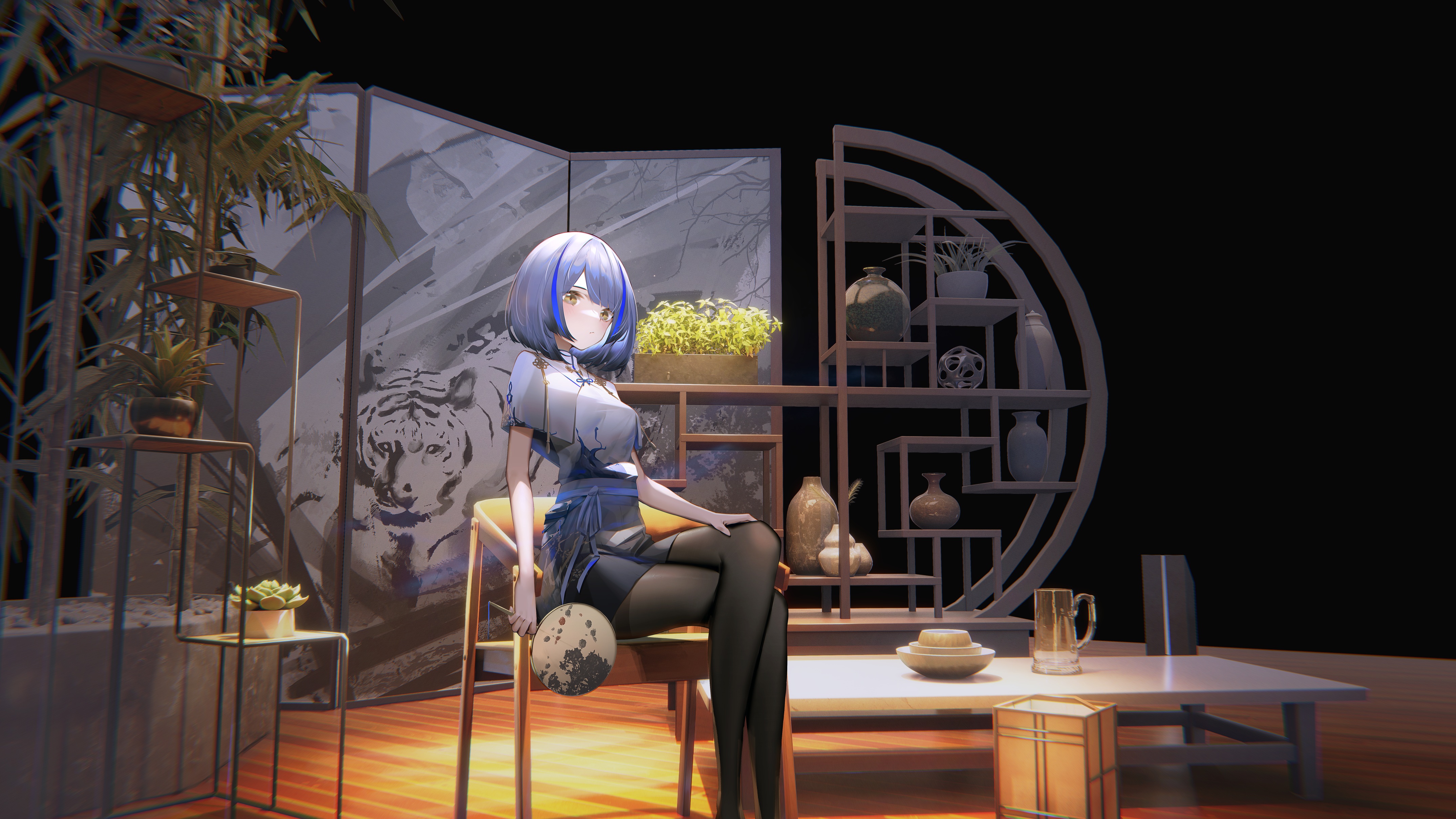 Anime 4300x2419 anime anime girls legs legs crossed blue hair sitting interior women indoors indoors chair