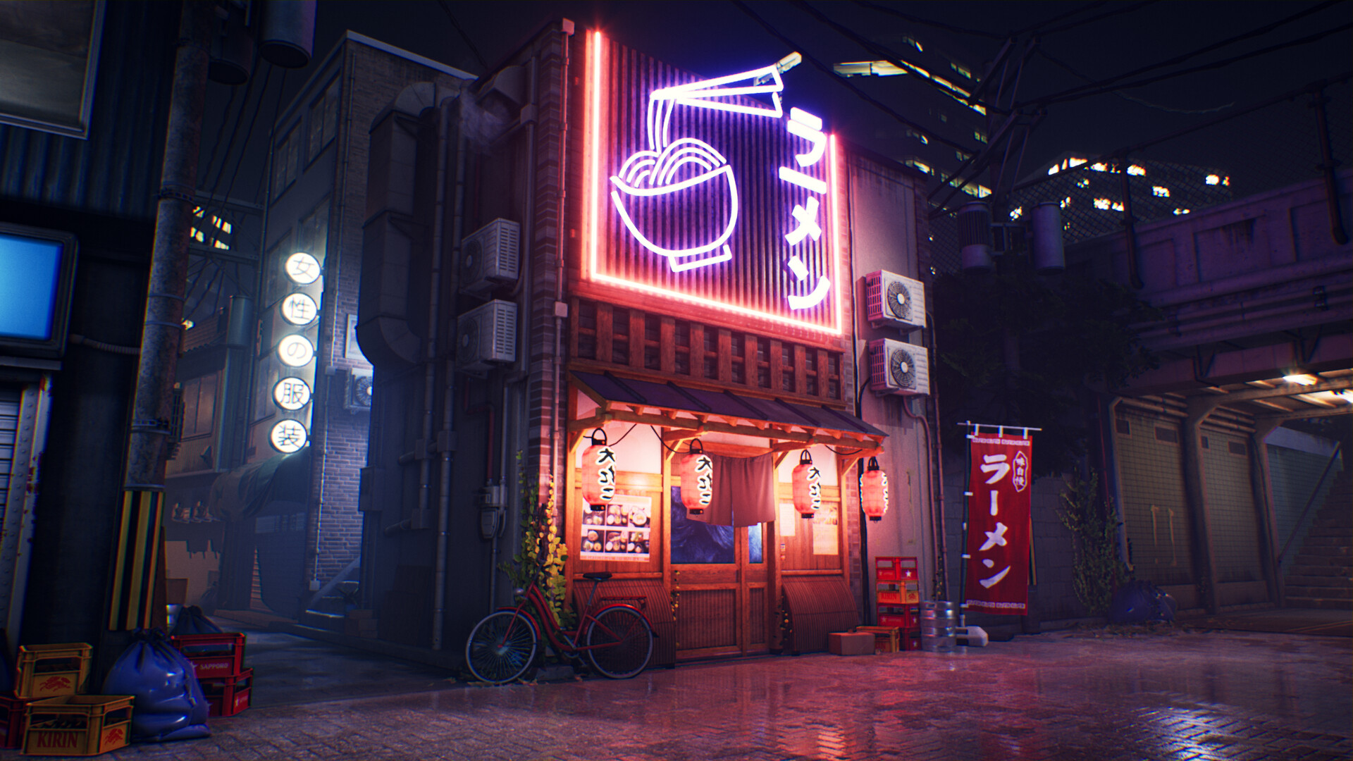 General 1920x1080 cafe Japan neon glowing bicycle store front building city street digital art