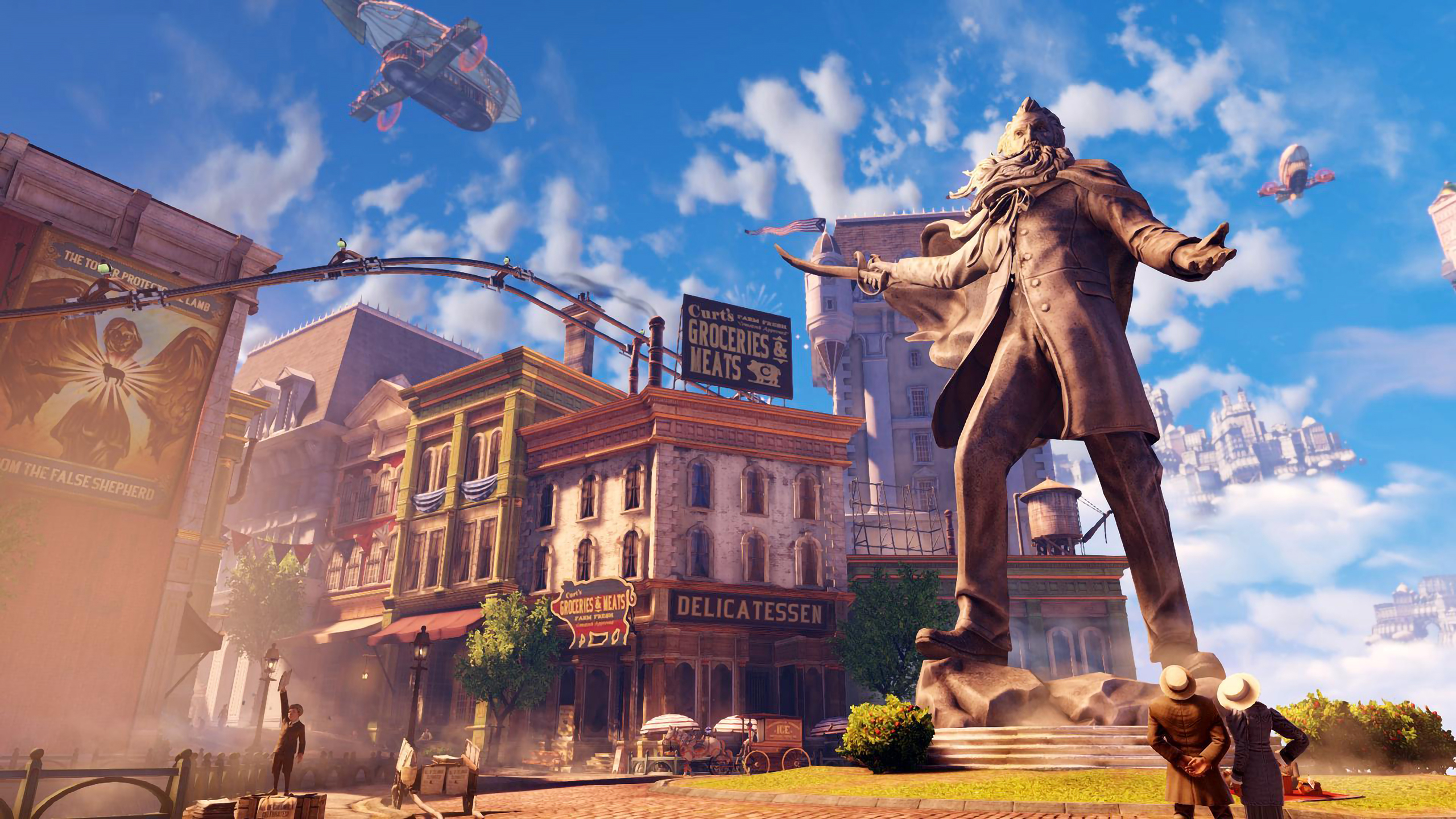 General 2560x1440 BioShock Infinite statue video game art airships sky clouds building video game characters CGI video games billboards