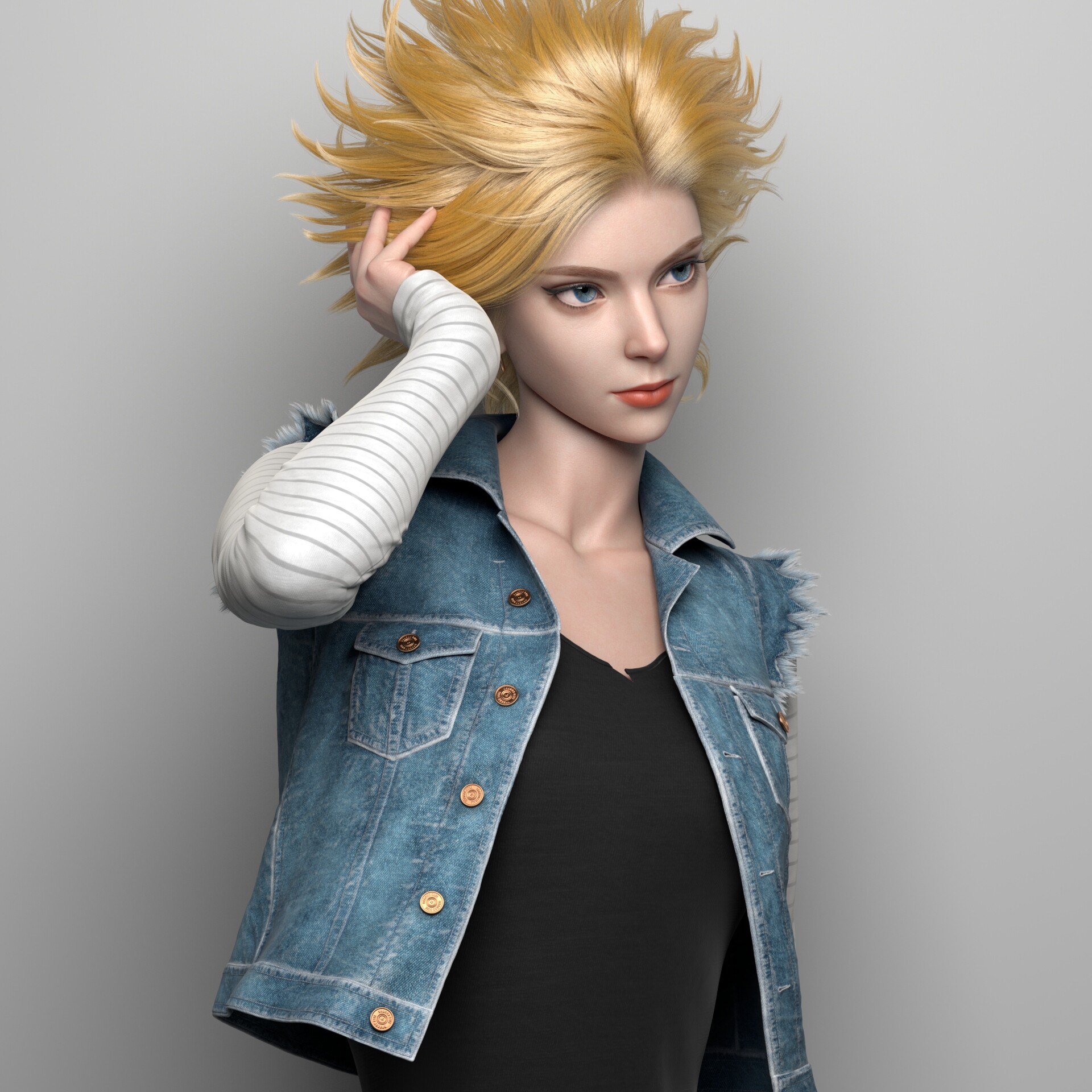 General 1920x1920 women ArtStation digital art blue eyes red lipstick gray background simple background Android 18 Dragon Ball