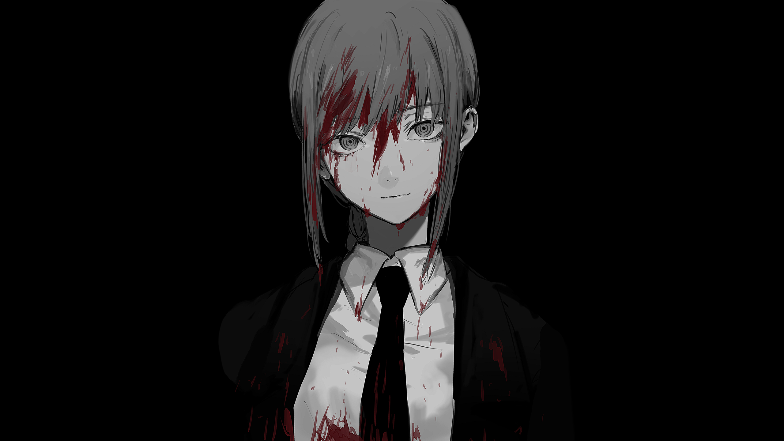 Anime 2560x1440 anime anime girls simple background Makima (Chainsaw Man) ktym777 Chainsaw Man looking at viewer blood business suit long hair black background tie