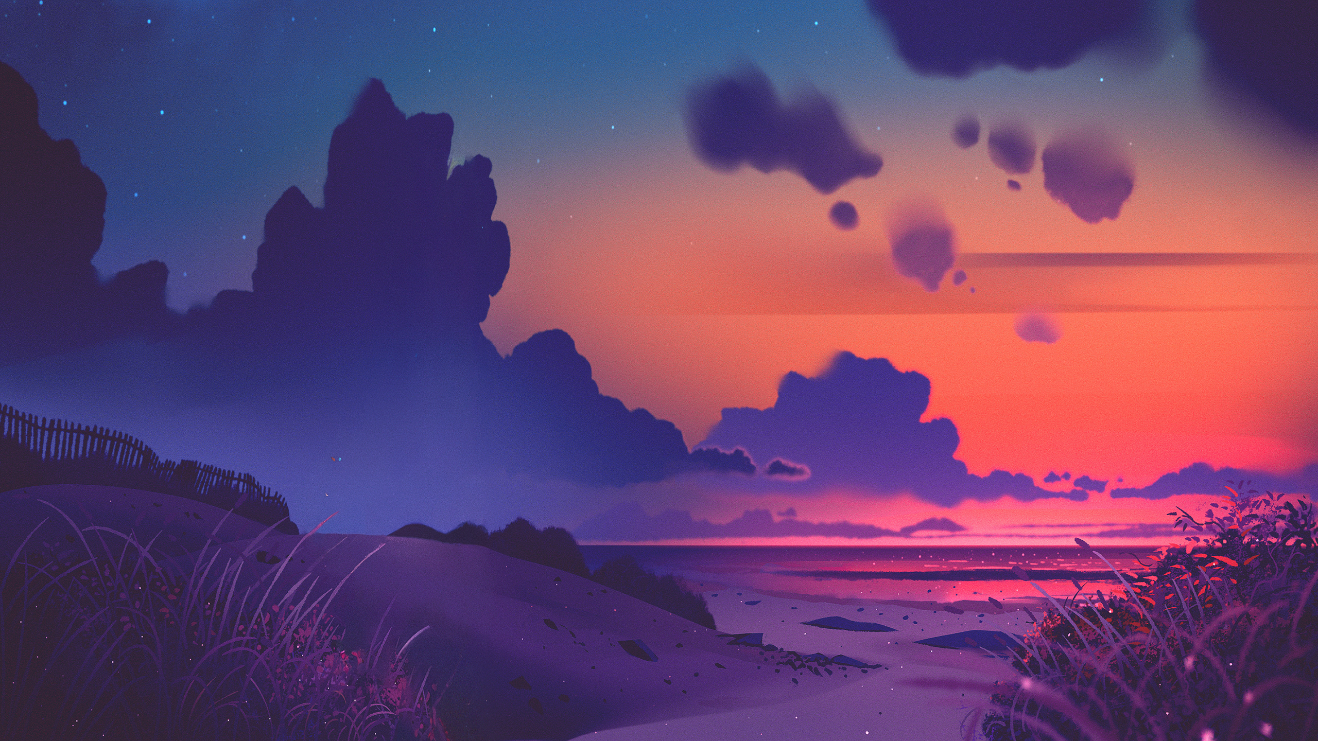 General 2560x1440 digital art artwork illustration landscape nature clouds sunset beach sea dunes sand plants SouredApple