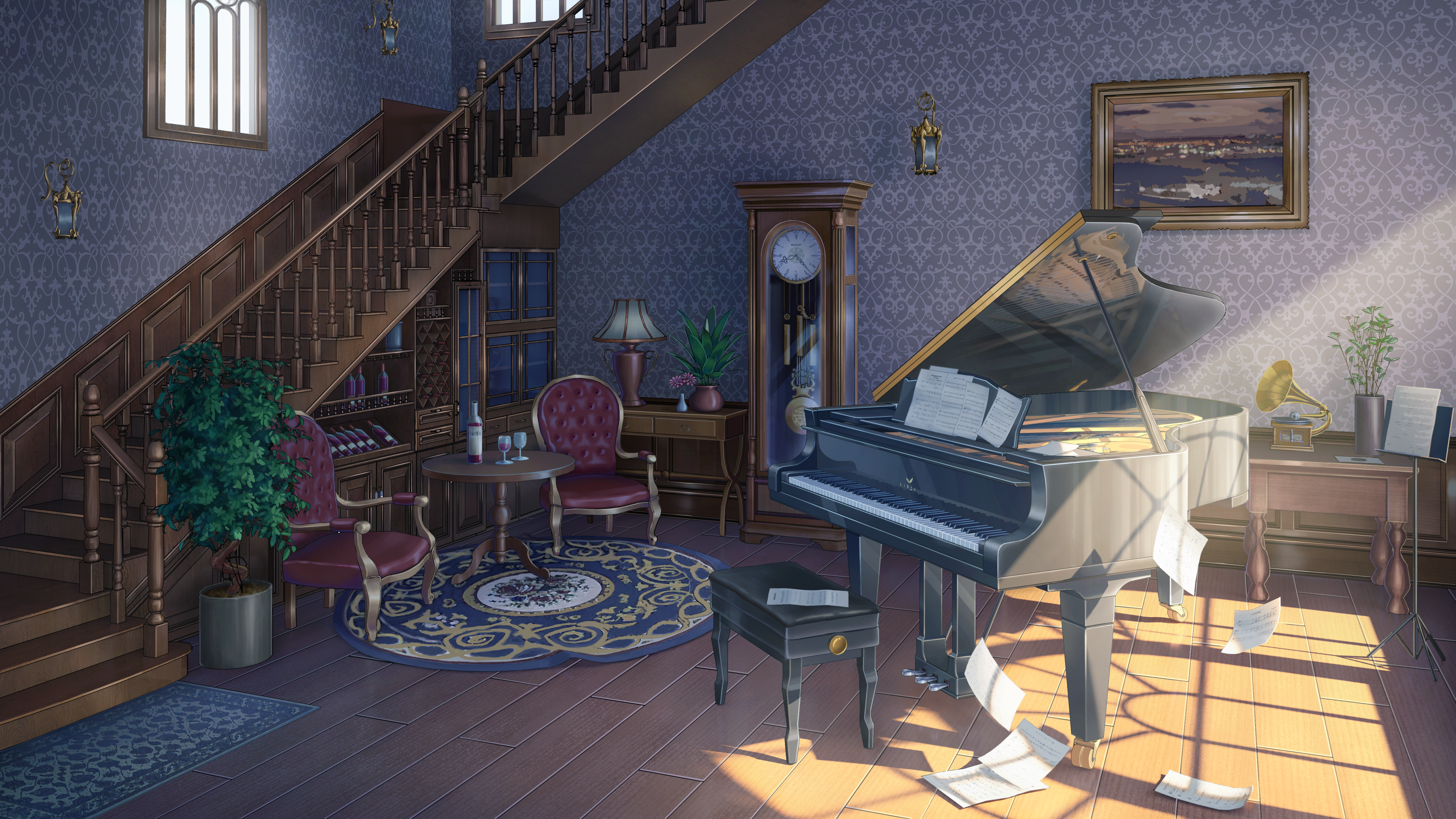Anime 5000x2813 indoors grand piano piano musical instrument stairs paper