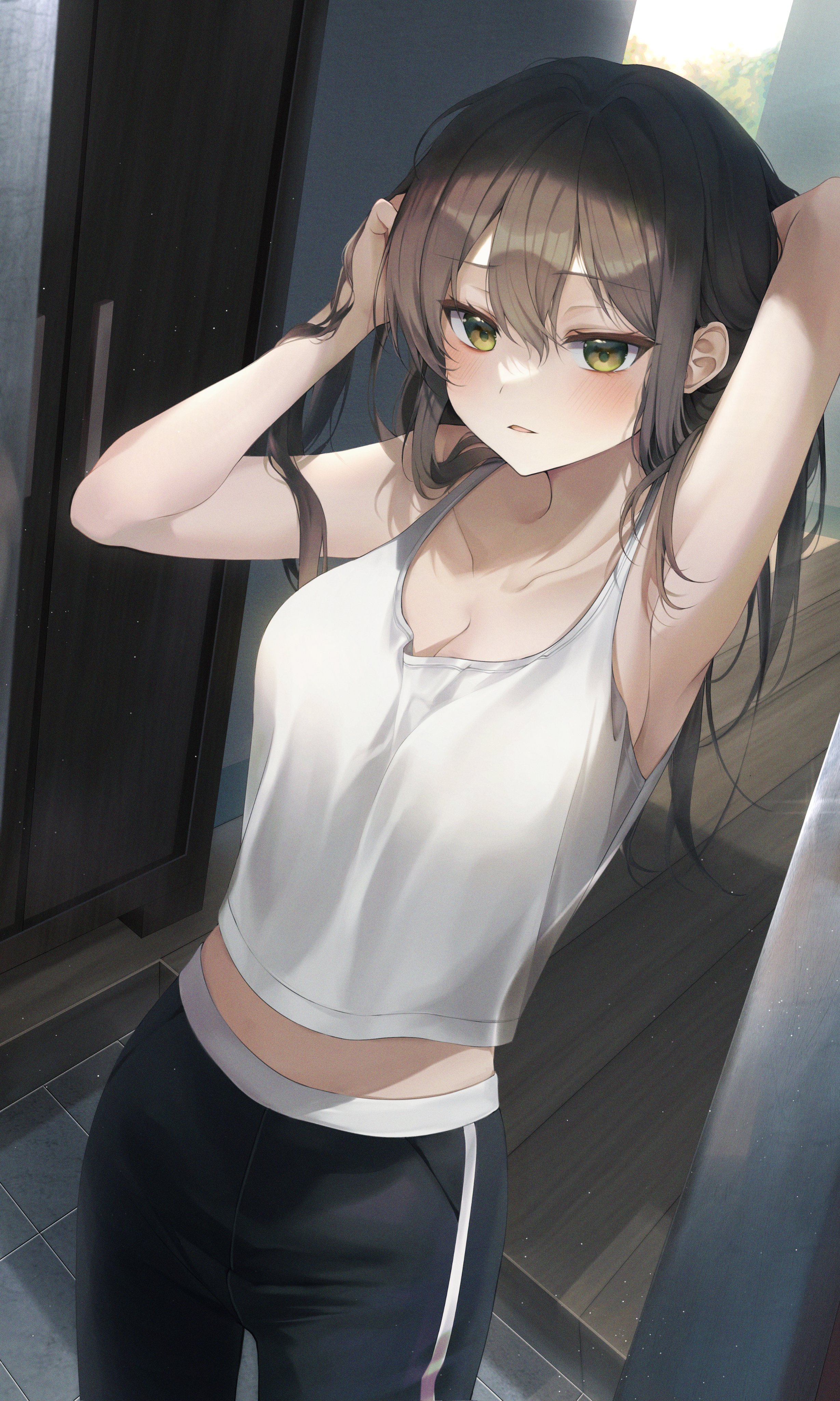 Anime 2458x4096 anime girls anime digital art artwork 2D Pixiv looking at viewer portrait portrait display petite belly touching hair brunette brown eyes arms up long hair bare midriff standing women indoors SOLCHA