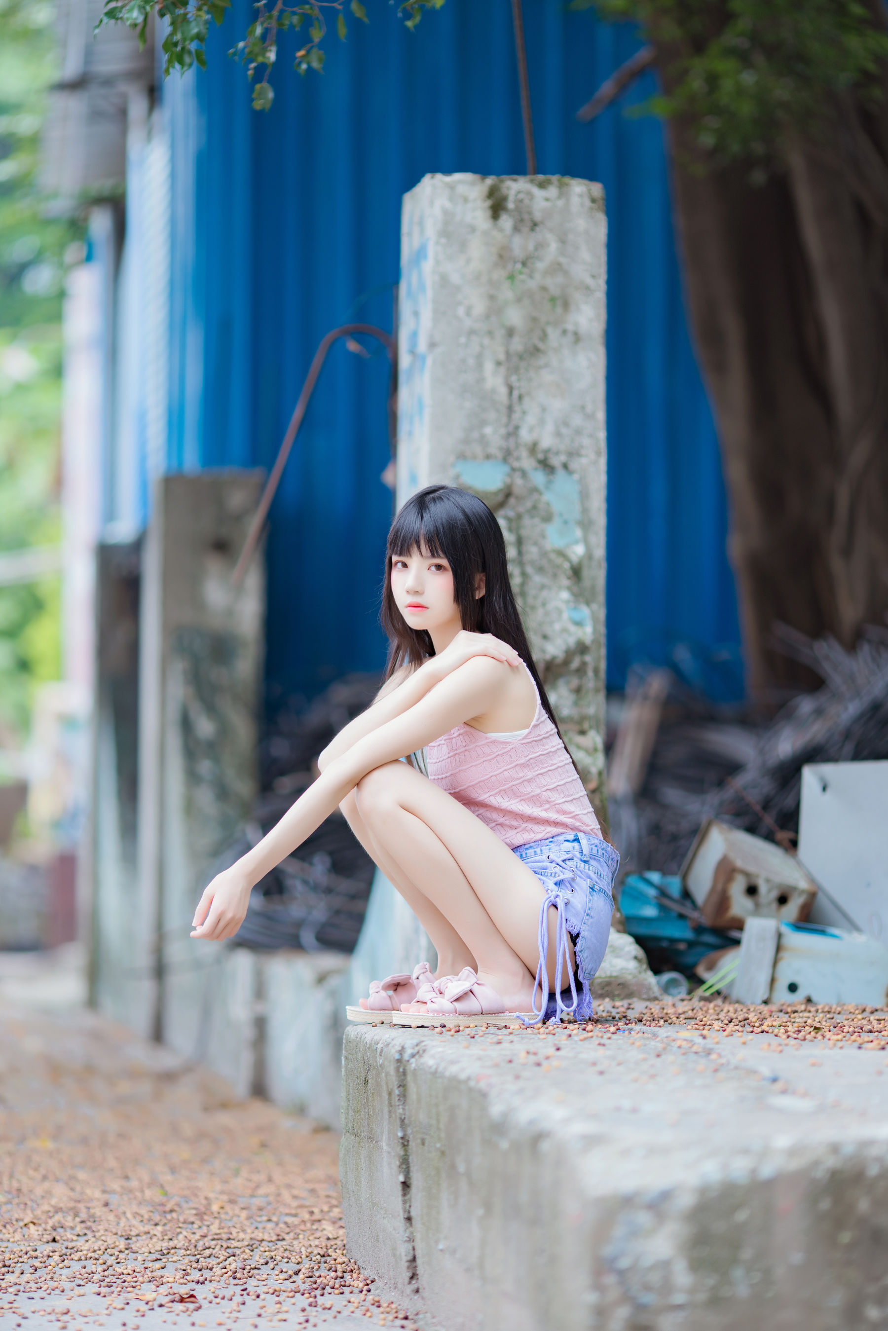 People 1800x2698 women model Asian long hair dark hair women outdoors urban short shorts squatting CherryNeko