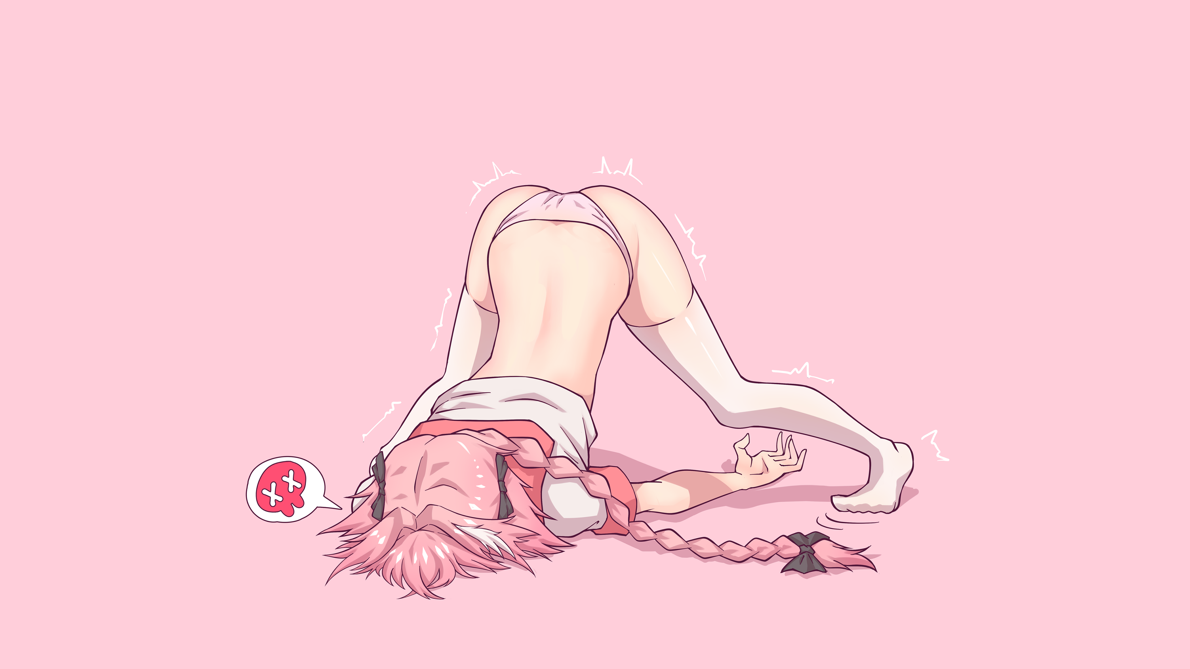 Anime 3840x2160 Hej Astolfo (Fate/Apocrypha) Fate/Grand Order Fate series pink hair long hair ponytail braids hair bows Jack-O Challenge white thigh highs thigh-highs pink panties ass thighs sailor uniform simple background pink background face down bent over 2D digital art fan art femboy anime boys speech bubble