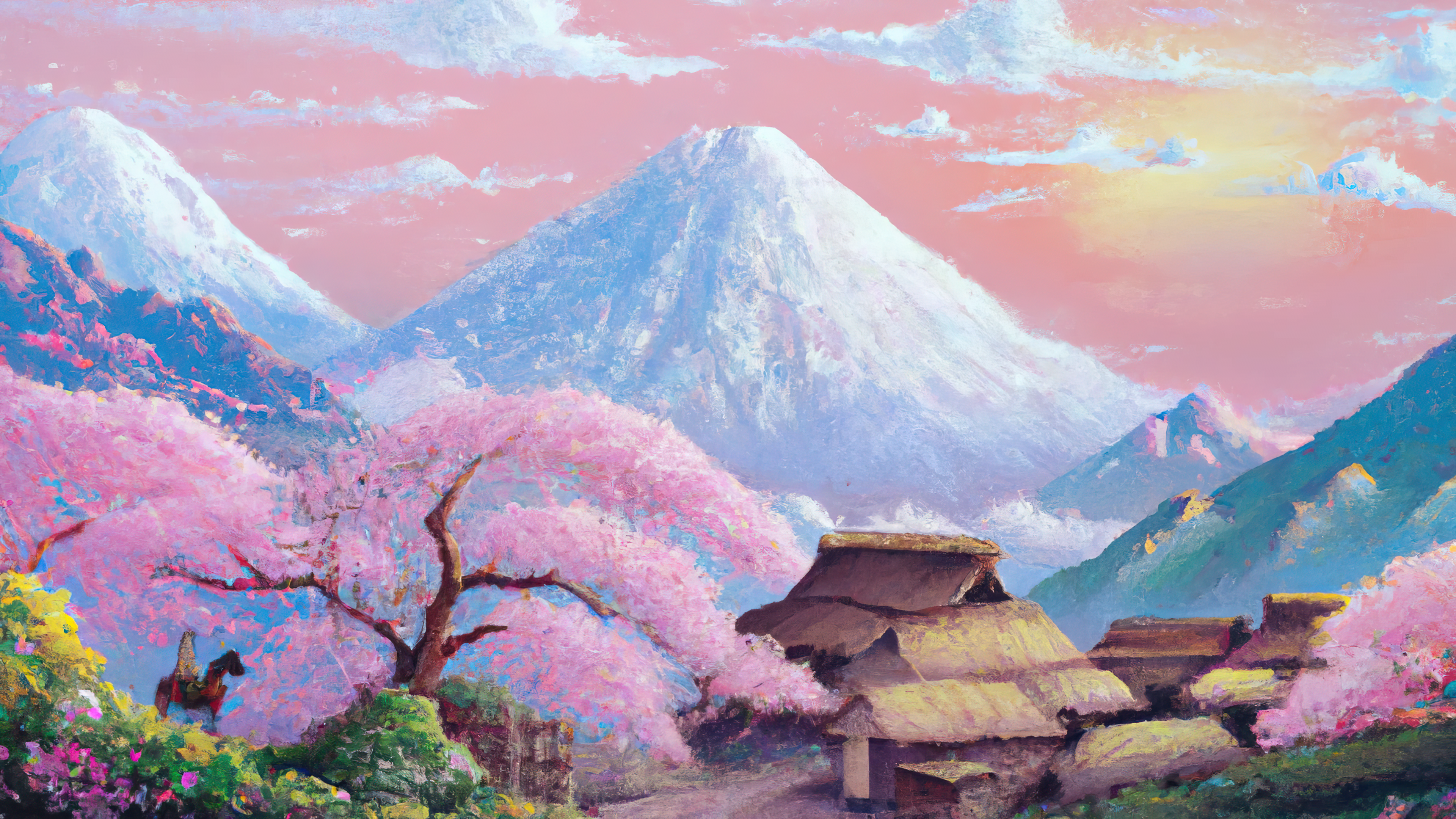 General 3840x2160 AI art painting Japan Mount Fuji mountains cherry blossom village landscape artwork