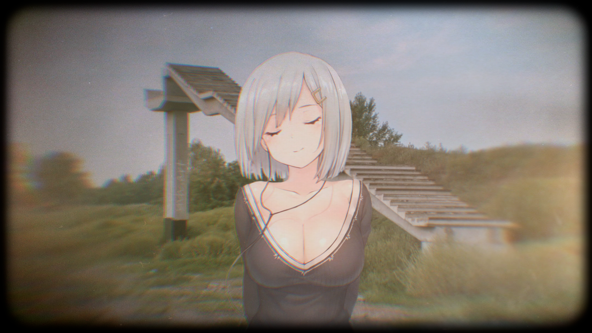 Anime 1920x1080 animeirl stairs abandoned ruins wasteland cleavage big boobs closed eyes anime girls Hamakaze (KanColle)  Kantai Collection