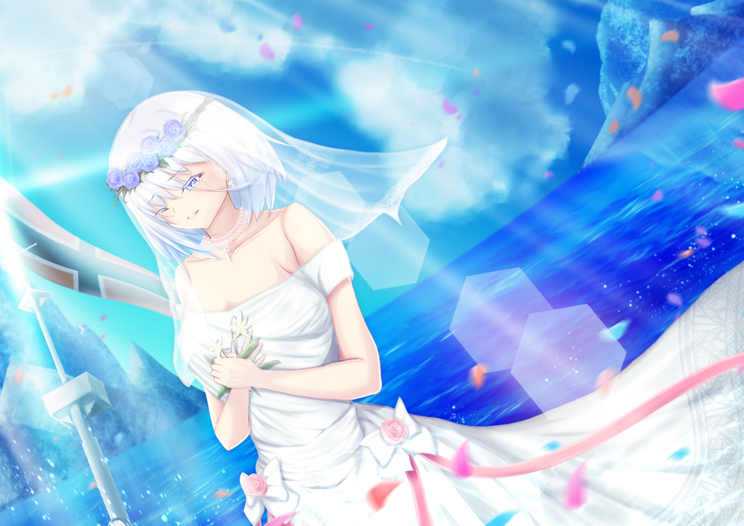 Anime 1488x1052 anime anime girls Azur Lane Tirpitz (Azur Lane) short hair white hair solo artwork digital art fan art wedding dress petals water