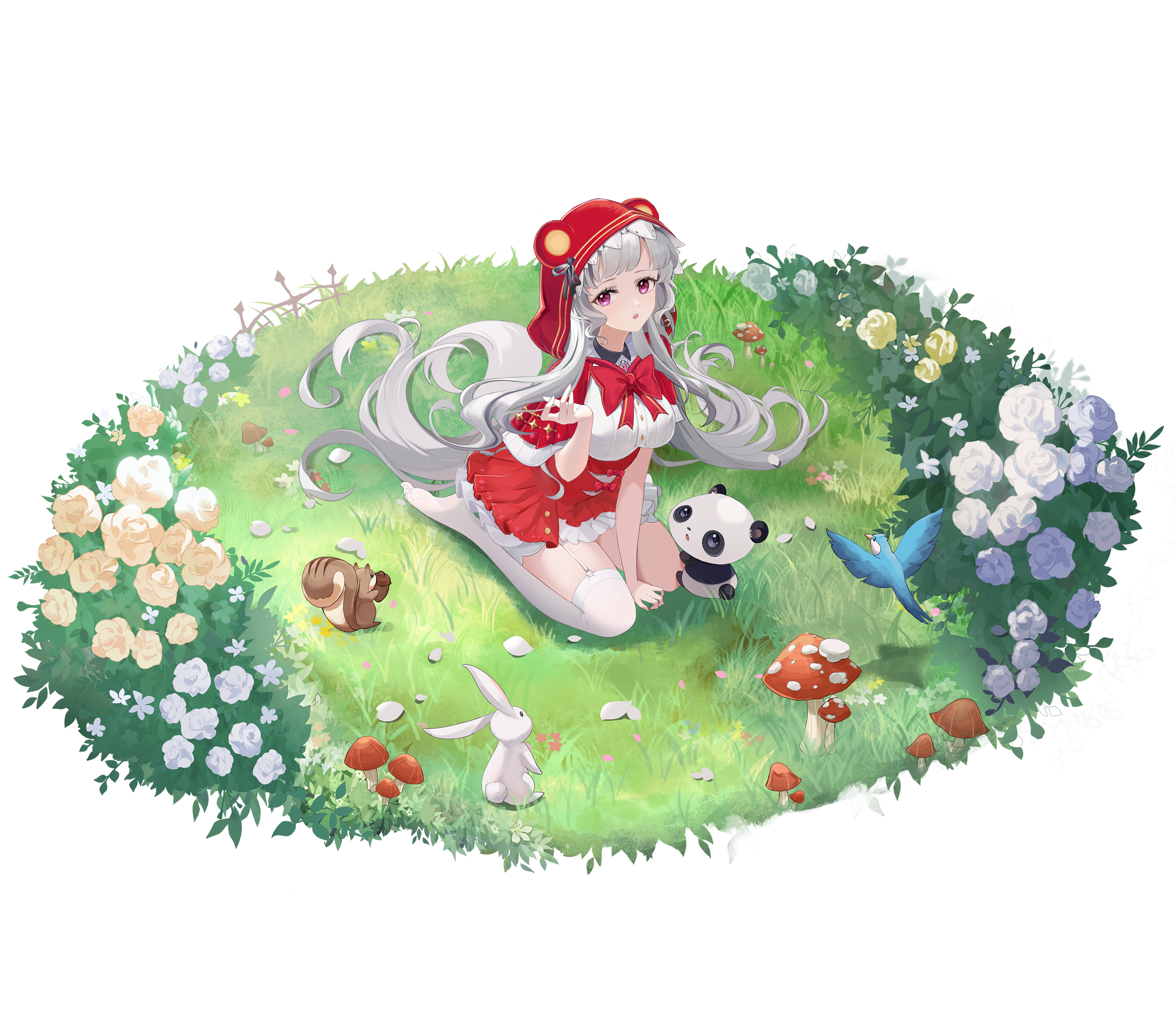 Anime 2500x2150 Aura star panda anime girls red eyes animals squirrel rabbits flowers long hair silver hair stockings mushroom birds